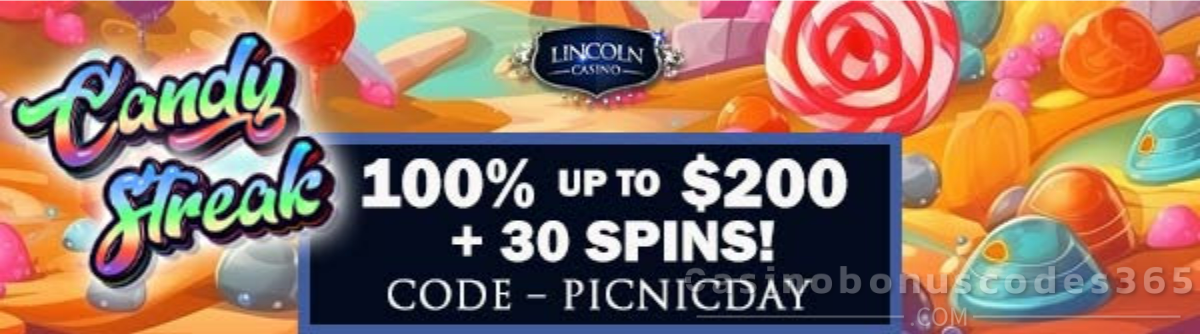 Lincoln Casino 100% Bonus up to $200 + 30 FREE Spins on Candy Streak