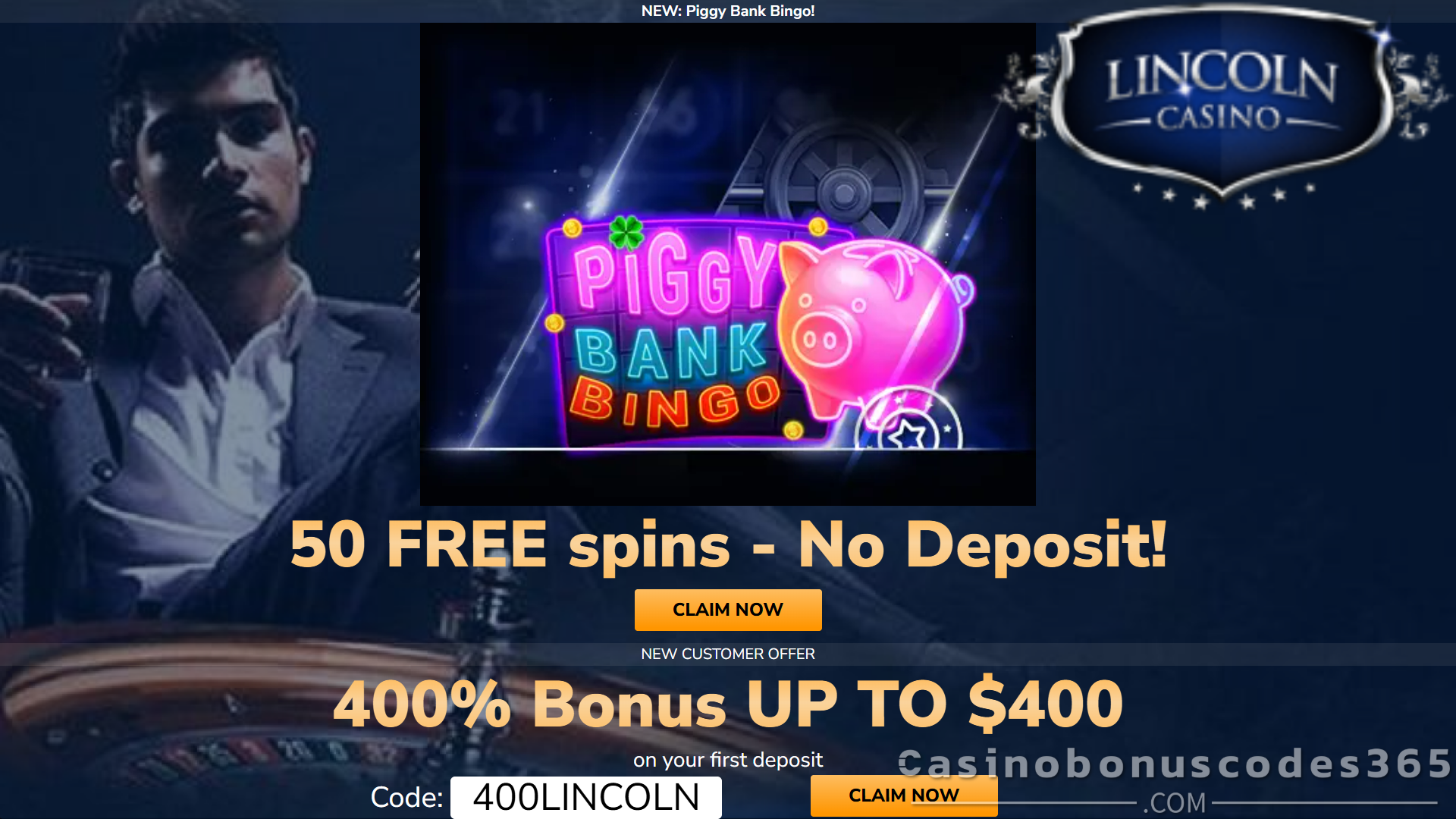 Lincoln Casino 50 FREE Spins on Piggy Bank Bingo Bonus Code PIGBINGO50
