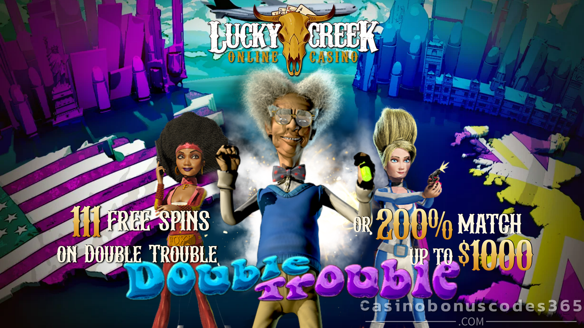 Lucky Creek Casino 111 FREE Spins on Double Trouble or 200% Match Bonus up to $1000