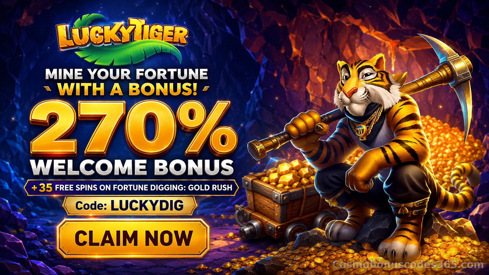 LuckyTiger 270% Welcome Bonus Plus 35 FREE Spins on Fortune Digging Gold Rush