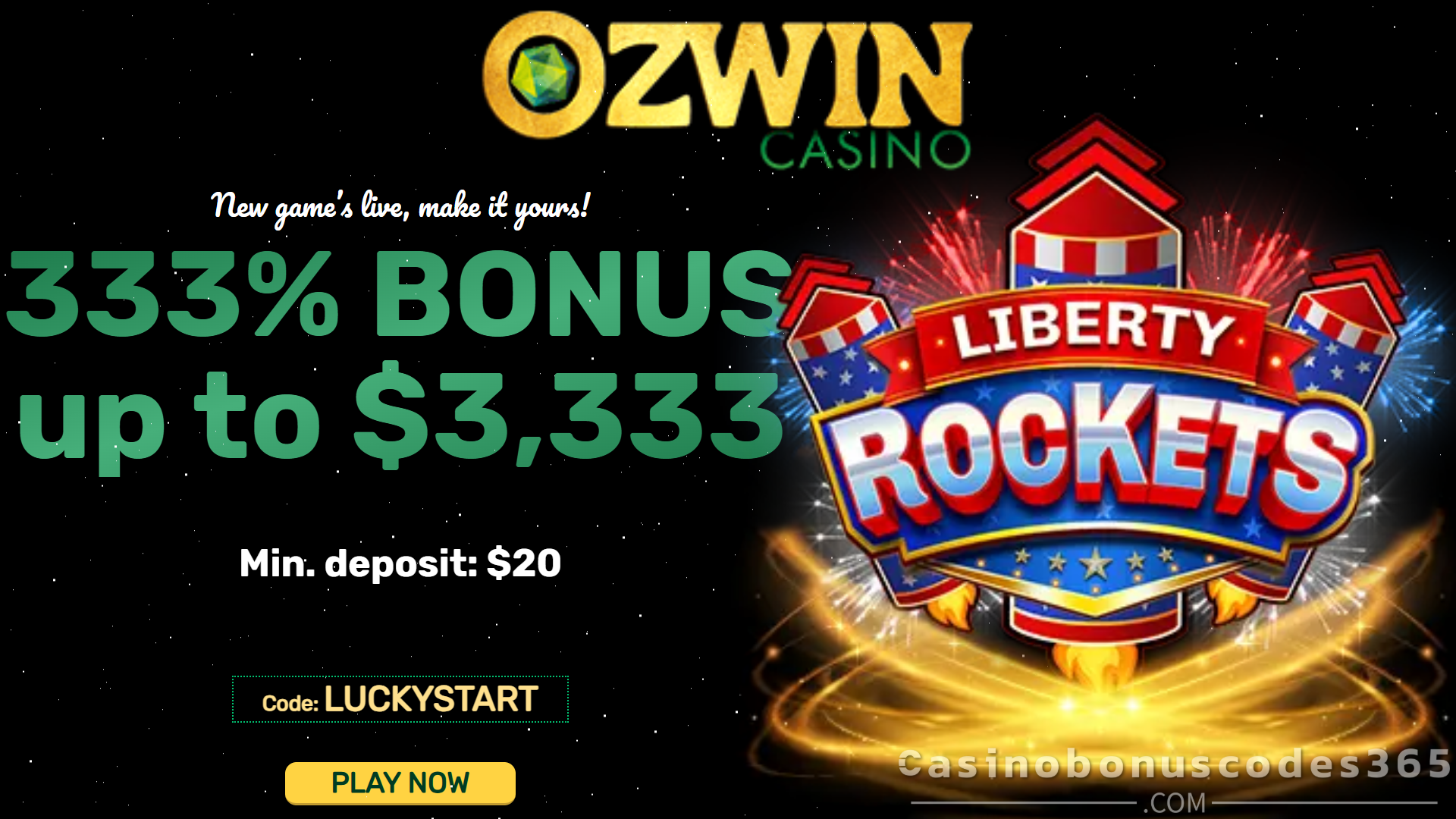 Ozwin Bonus Offer – 33 FREE Spins on Liberty Rockets