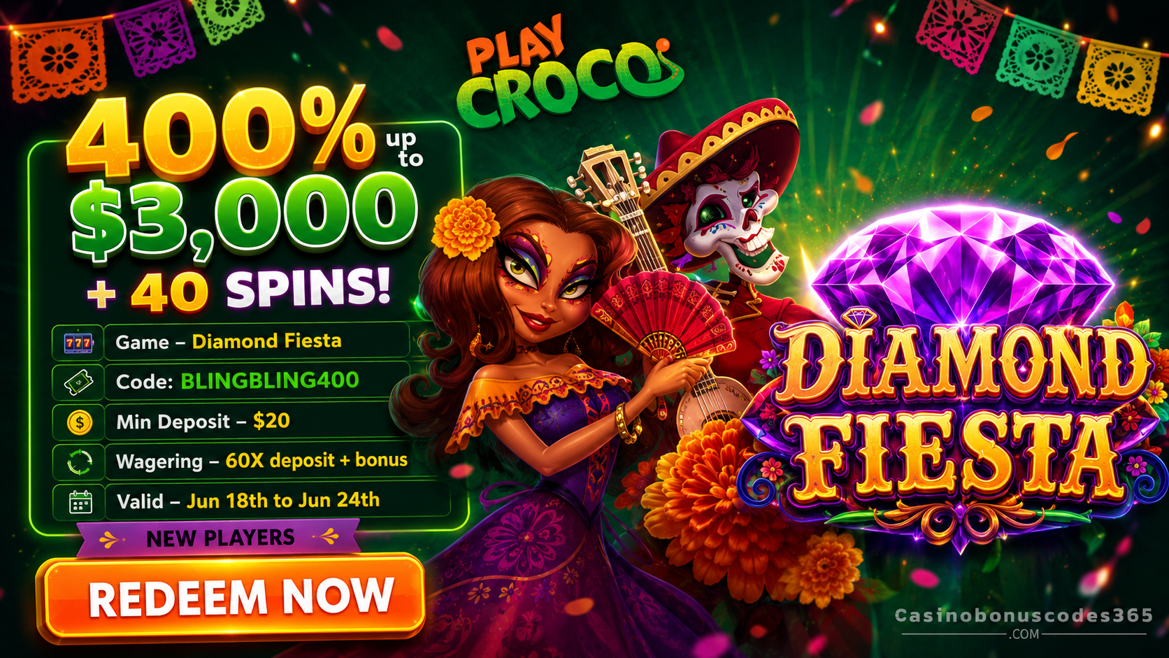 PlayCroco 400% Bonus up to $3,000 + 40 FREE Spins on Diamond Fiesta