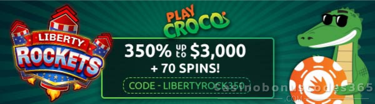 PlayCroco 350% up to $3,000 + 70 FREE Spins on Liberty Rockets