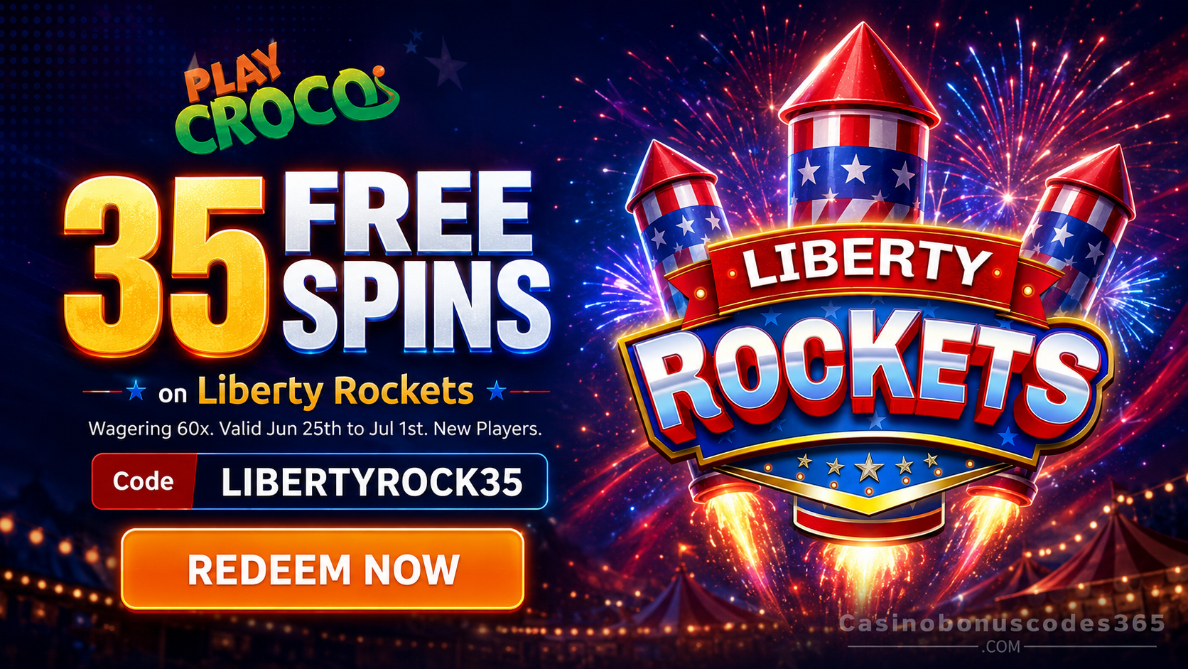 PlayCroco 35 FREE Spins on Liberty Rockets