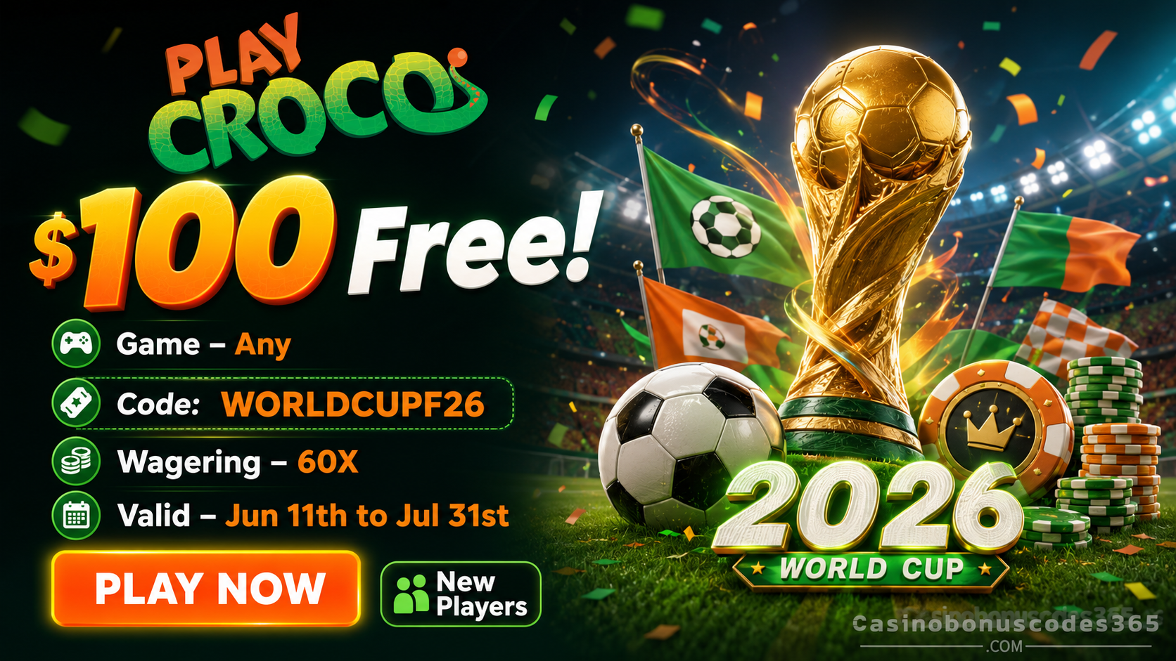 PlayCroco $100 FREE World Cup Bonus