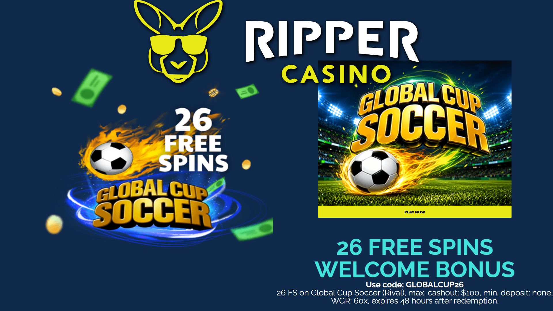 Ripper Casino Bonus Offer – 26 FREE Spins on Global Cup Soccer