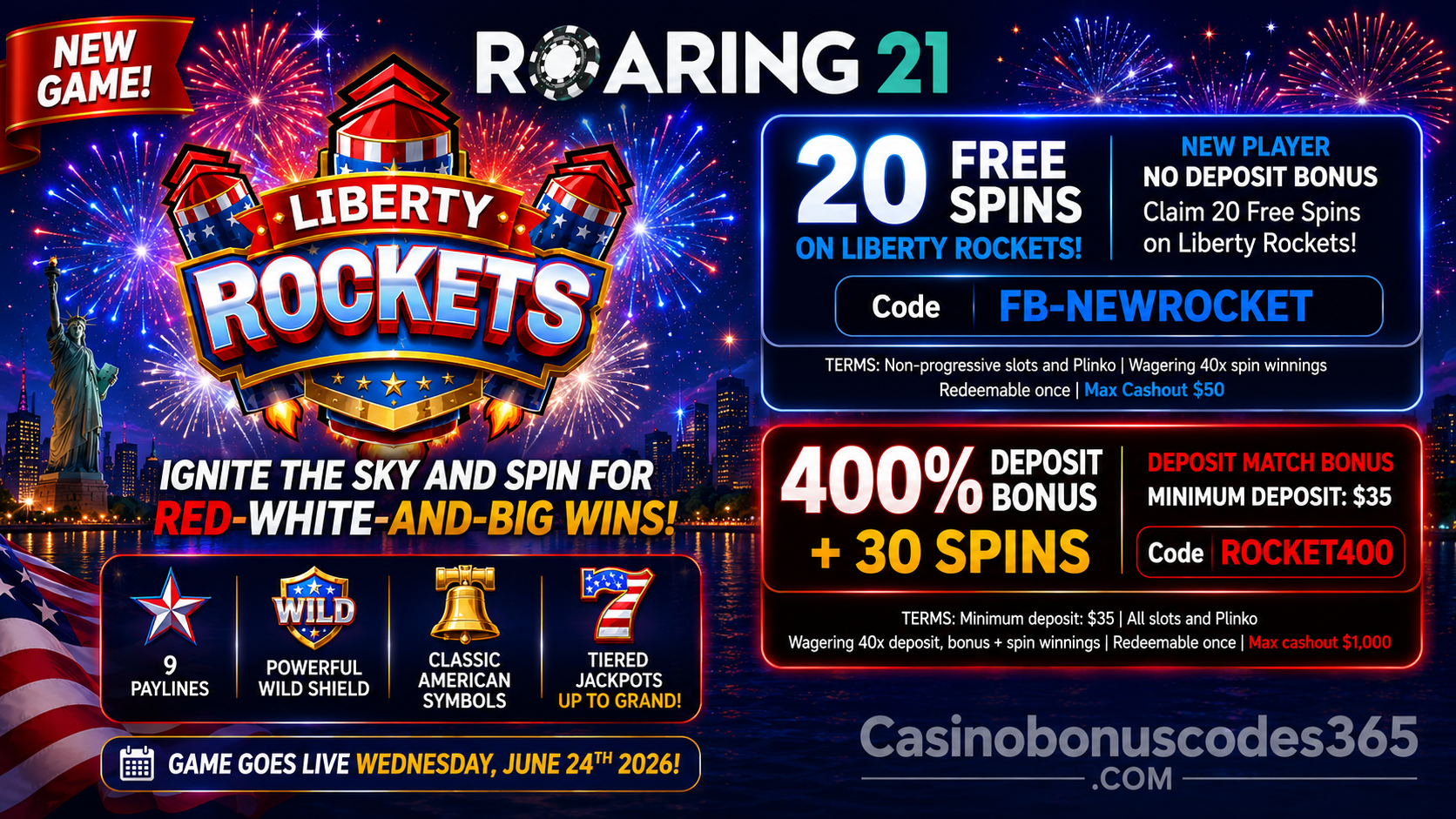 Roaring21 Liberty Rockets 400% Bonus + 30 FREE Spins
