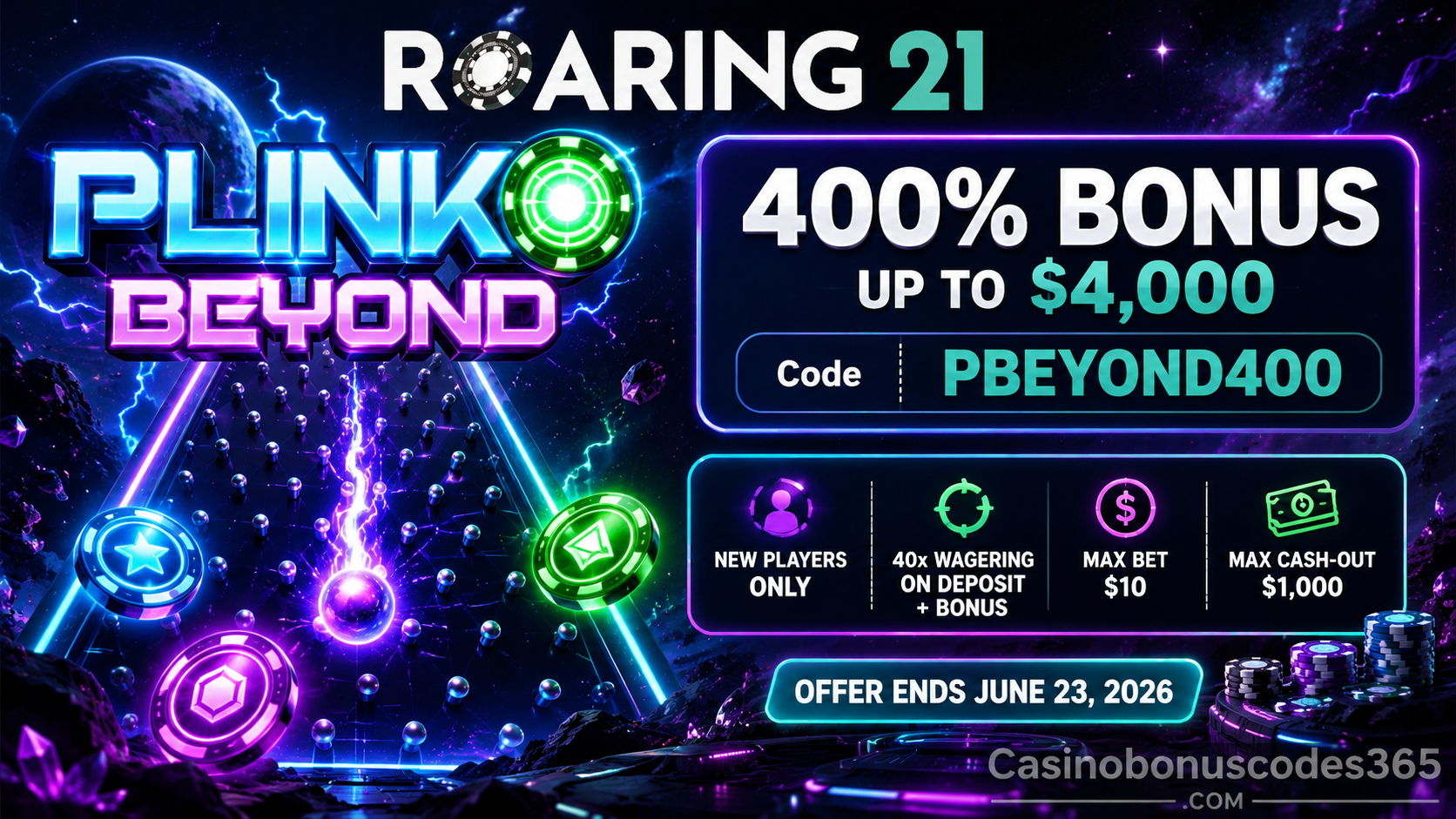 Roaring21 Plinko Beyond 400% Bonus up to $4,000