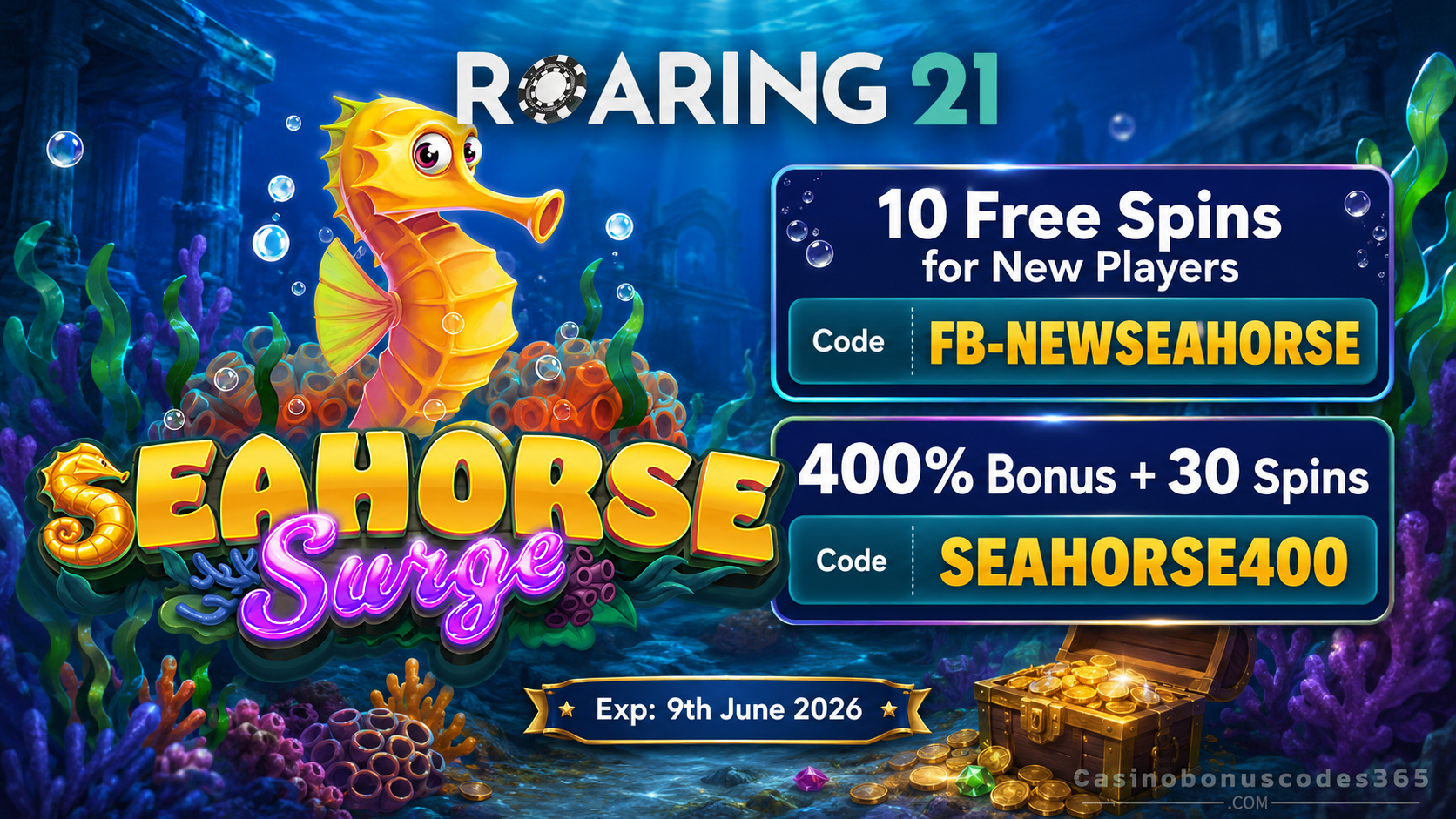 Roaring21 Seahorse Surge 400% Bonus + 30 FREE Spins