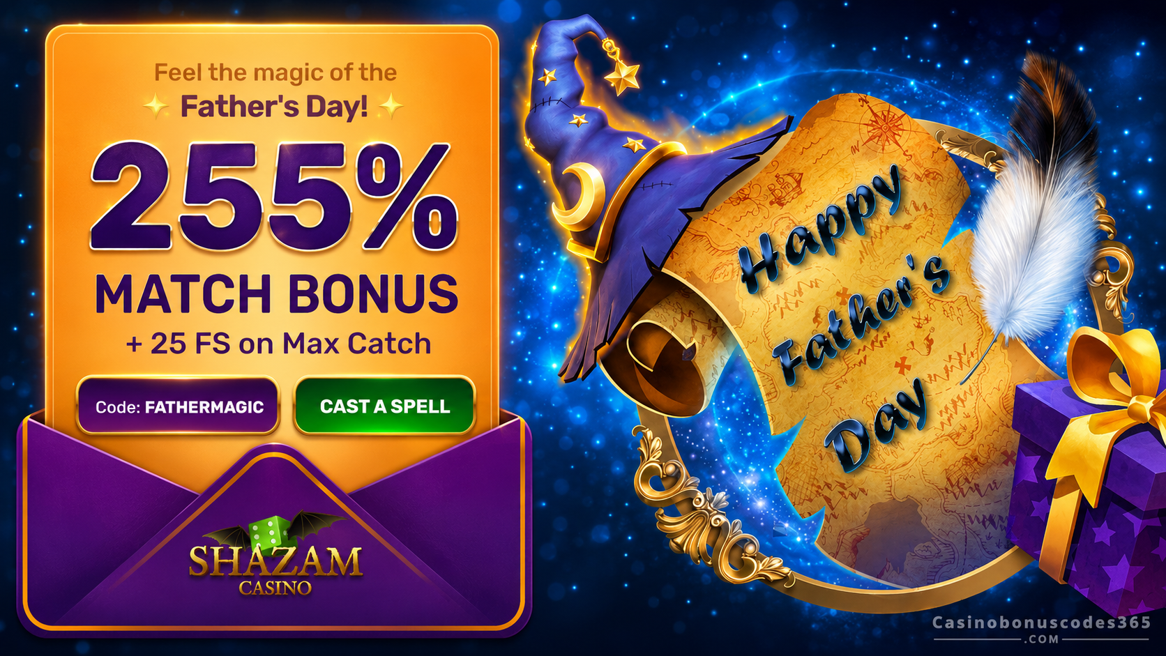 Shazam Casino 255% Match Bonus and 25 FREE Spins on Max Catch