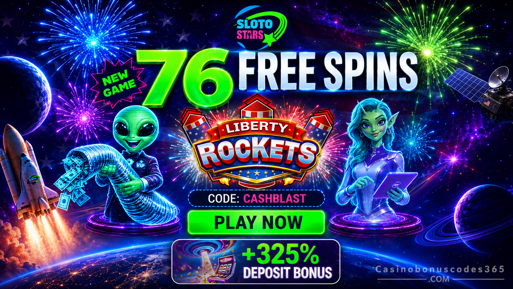 Sloto Stars Casino 76 FREE Spins on Liberty Rockets
