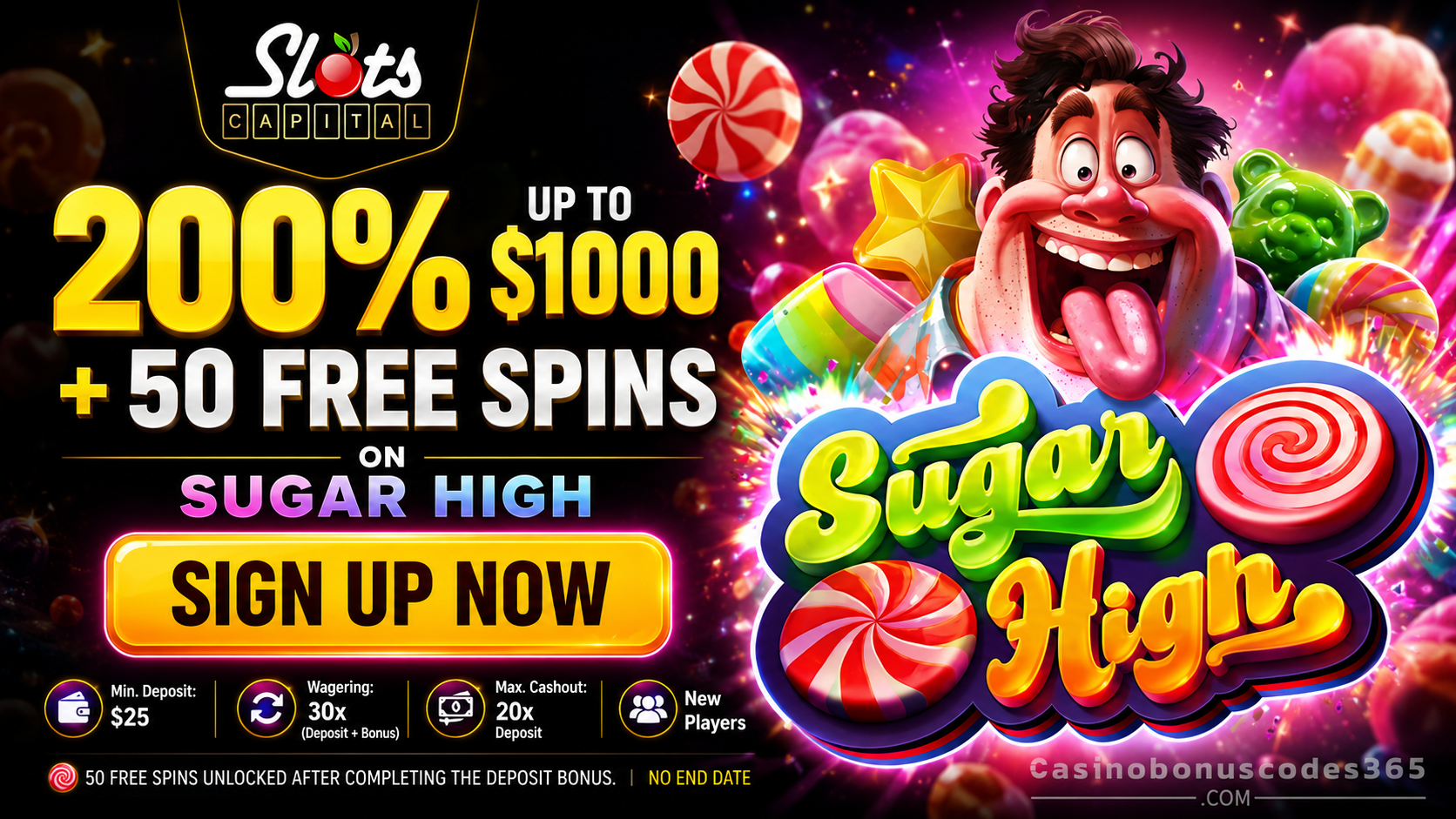 Slots Capital Bonus Offer – 200% Bonus + 50 FREE Spins on Sugar High