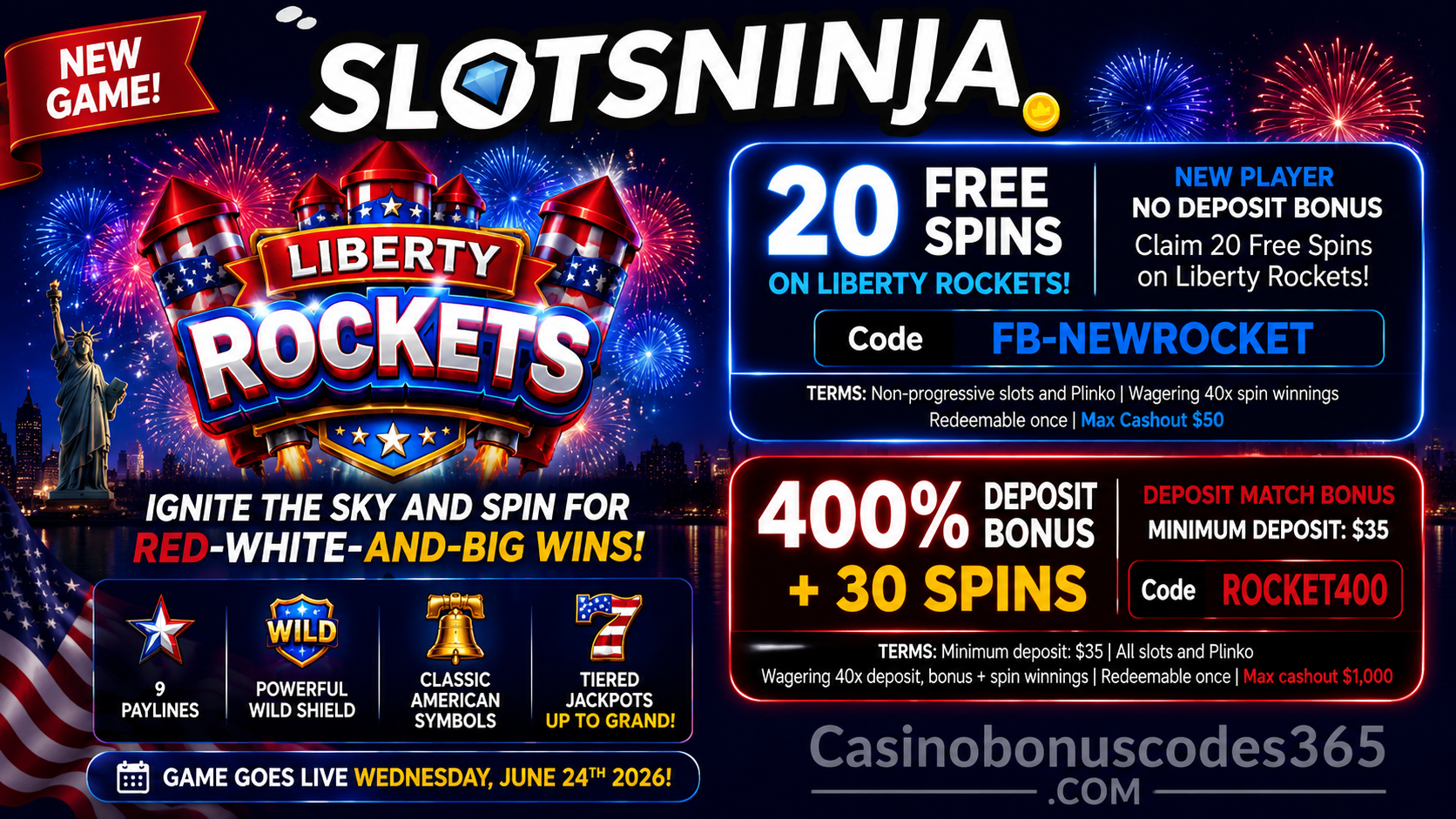 Slots Ninja Liberty Rockets 400% Bonus + 30 FREE Spins