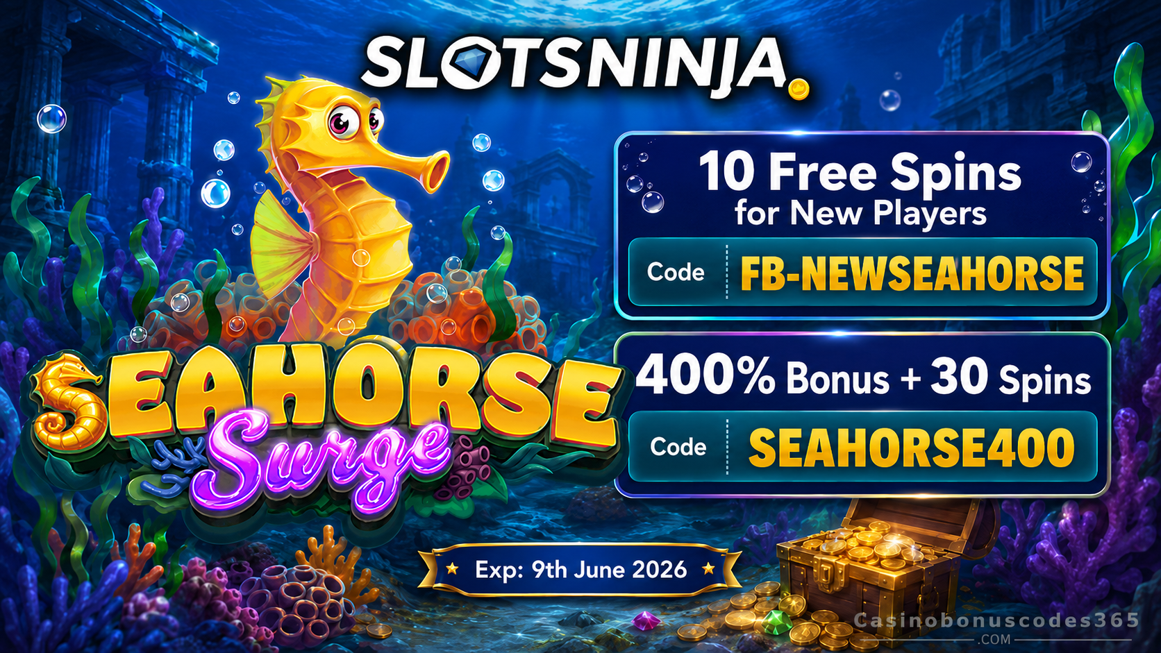 Slots Ninja Seahorse Surge 400% Bonus + 30 FREE Spins