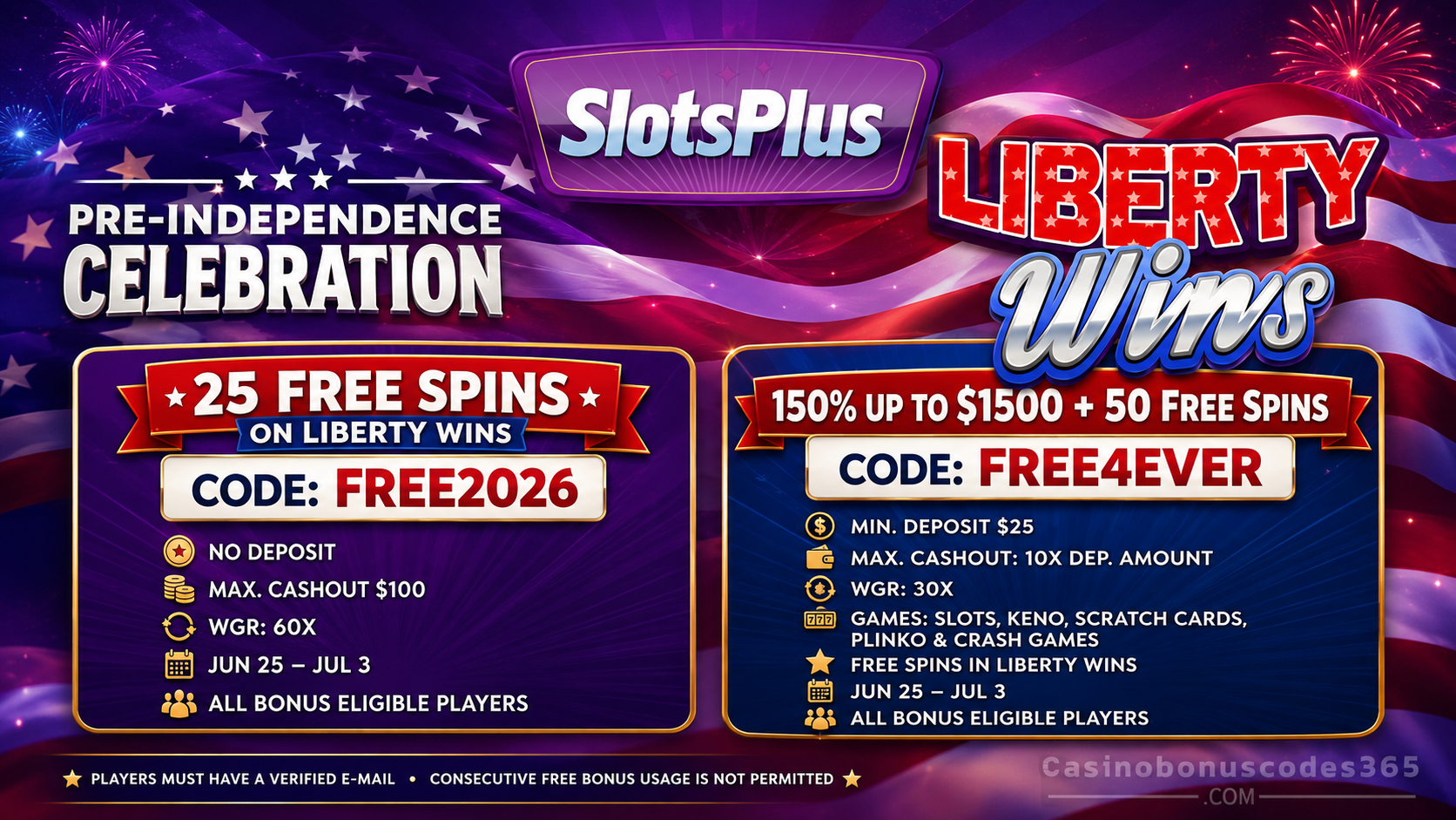 SlotsPlus Bonus Offer – 25 no-deposit FREE Spins on Liberty Wins