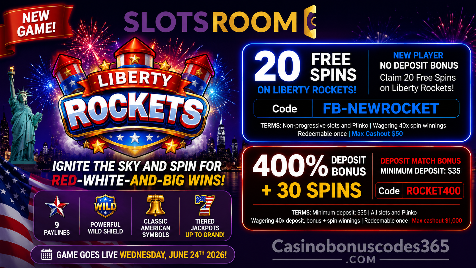Slotsroom Liberty Rockets 400% Bonus + 30 FREE Spins
