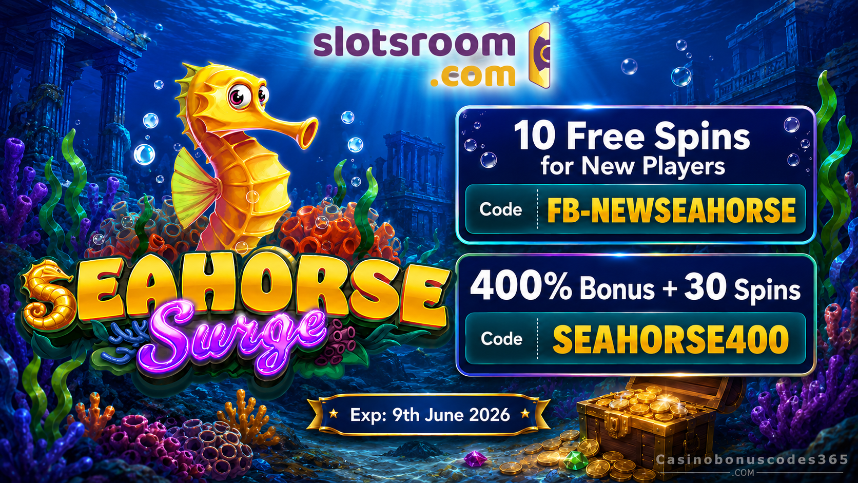 Slotsroom Seahorse Surge 400% Bonus + 30 FREE Spins