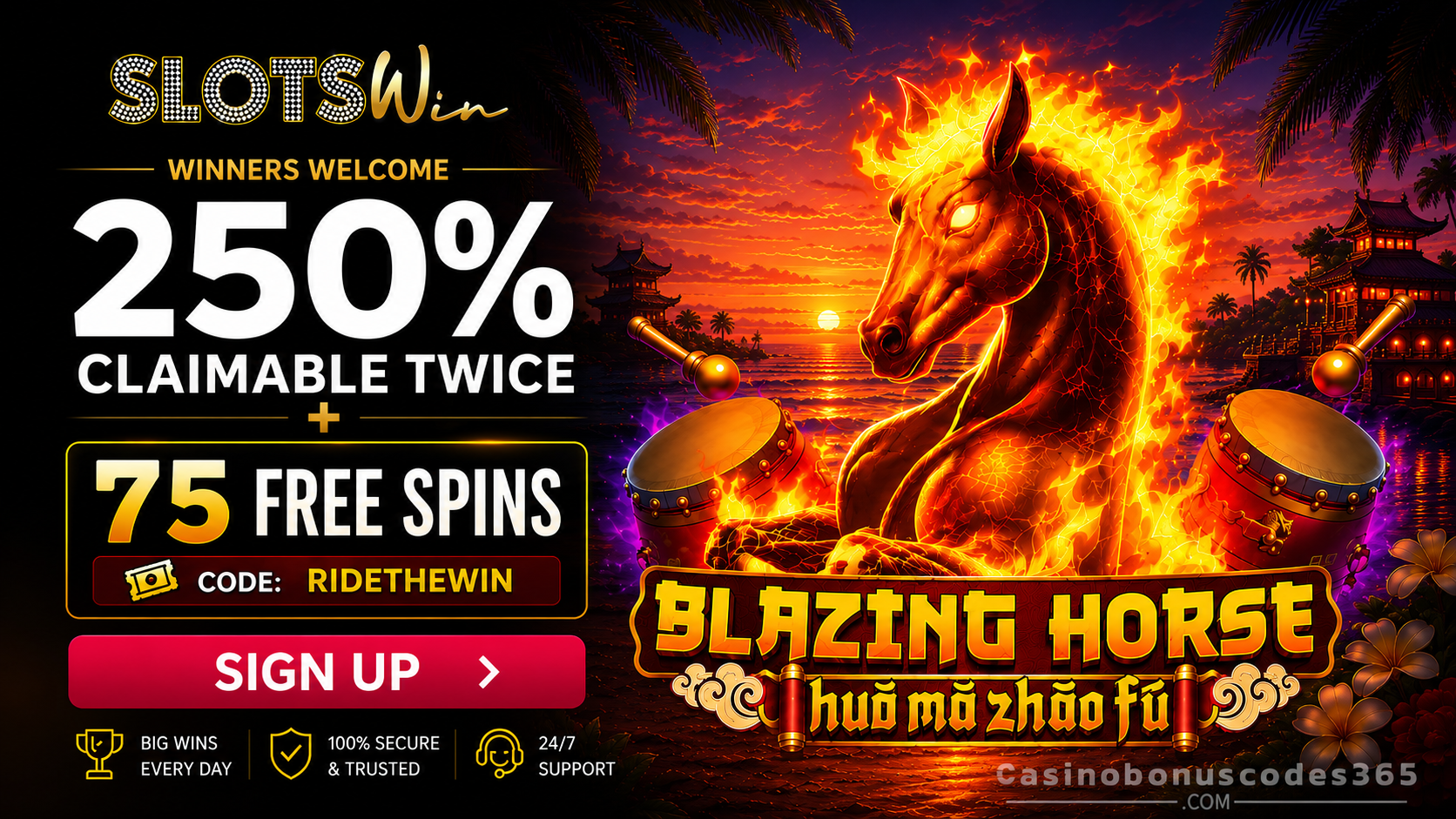 SlotsWin Casino 75 FREE Spins on Blazing Horse