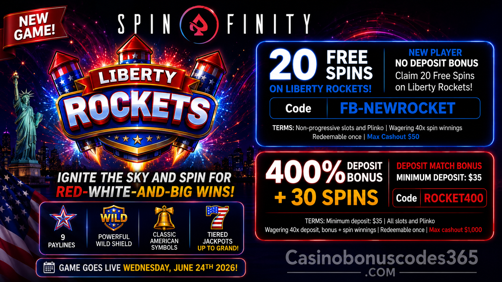 Spinfinity Liberty Rockets 400% Bonus + 30 FREE Spins