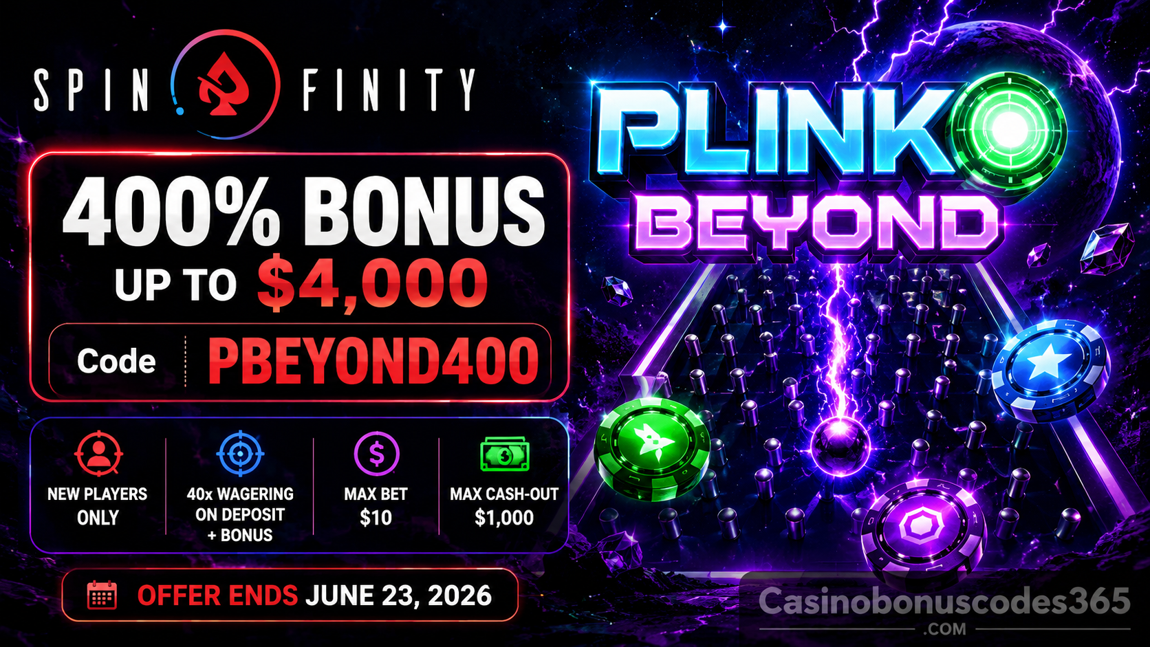 Spinfinity Plinko Beyond 400% Bonus up to $4,000