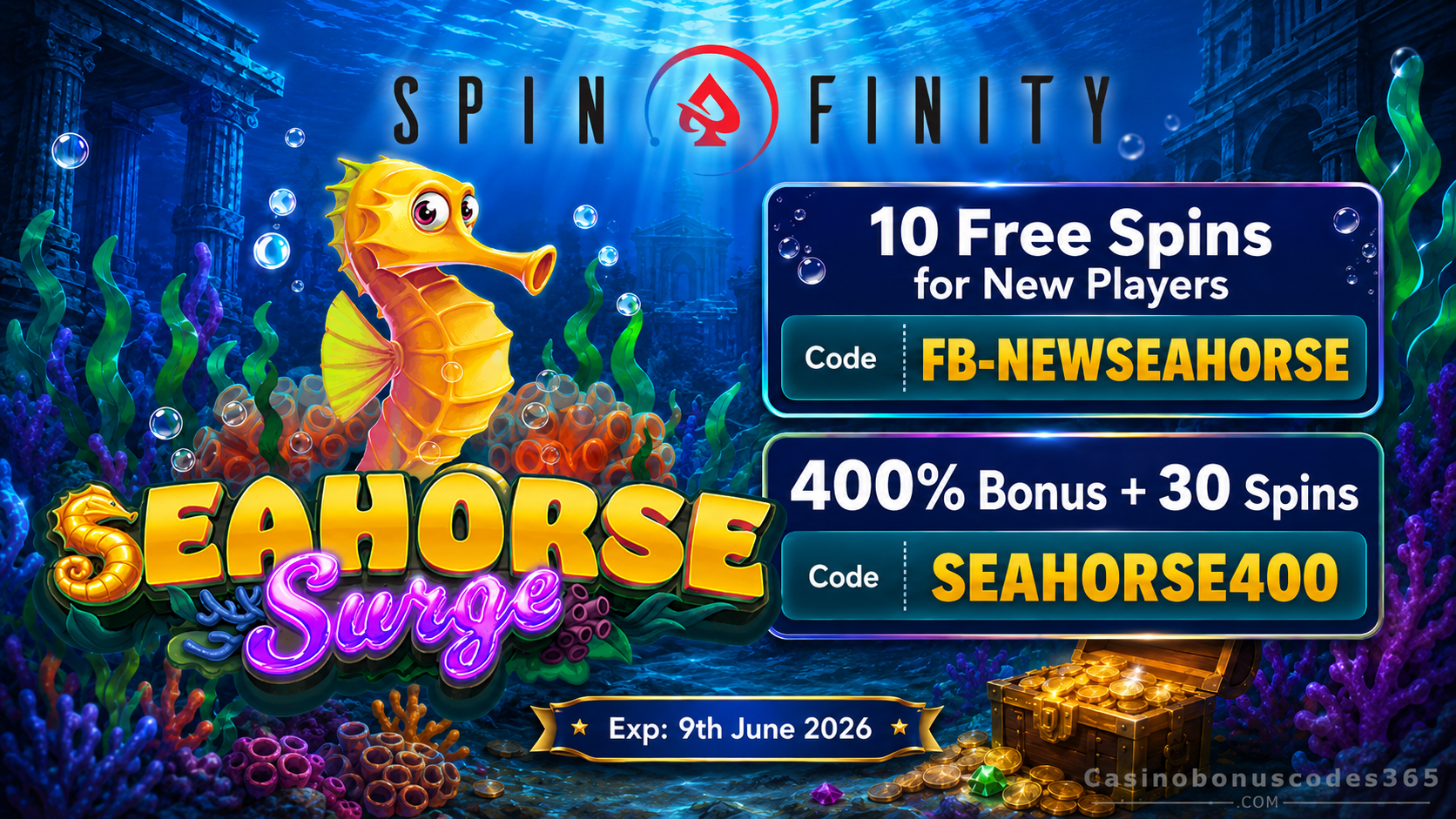 Spinfinity Seahorse Surge 400% Bonus + 30 FREE Spins