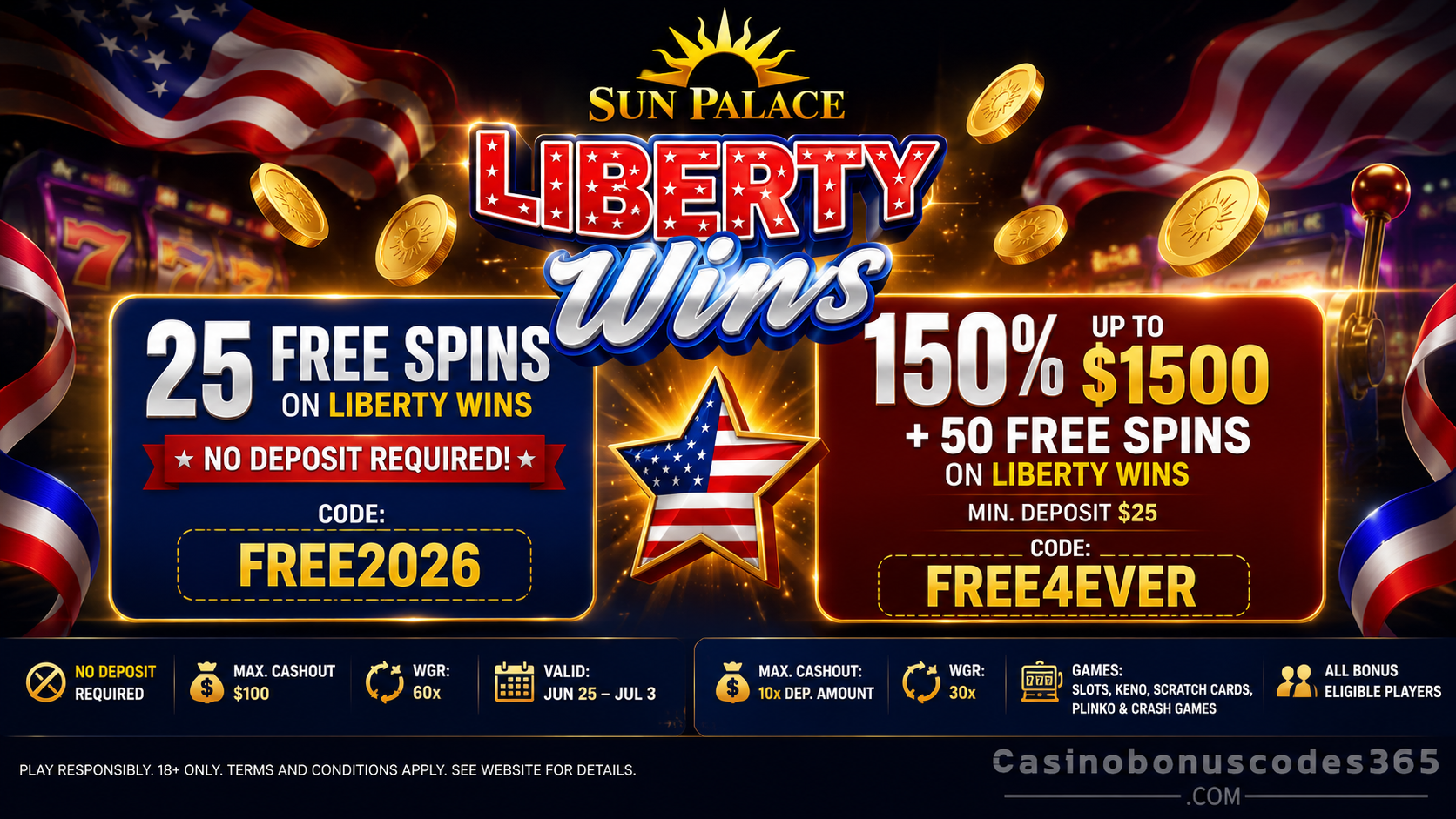 Sun Palace Bonus Offer – 25 no-deposit FREE Spins on Liberty Wins
