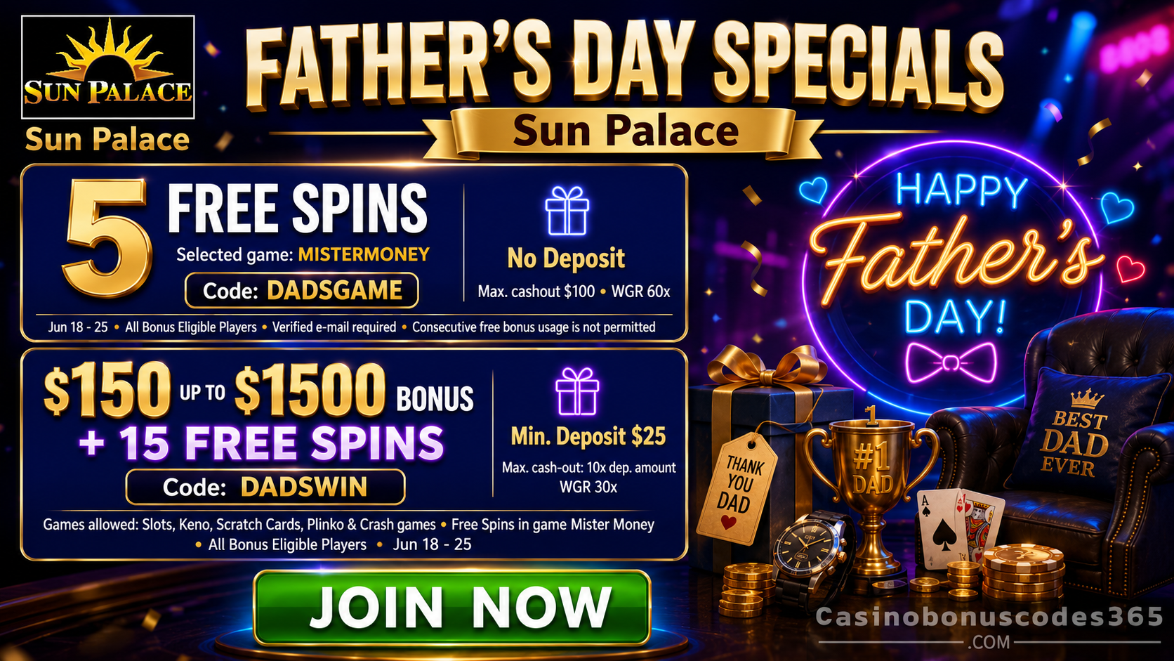 Sun Palace 5 no-deposit FREE Spins
