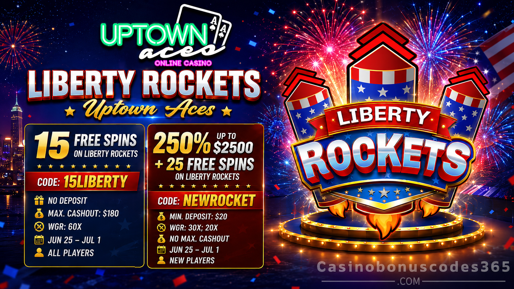 Uptown Aces Bonus Offer – 15 FREE Spins on Liberty Rockets