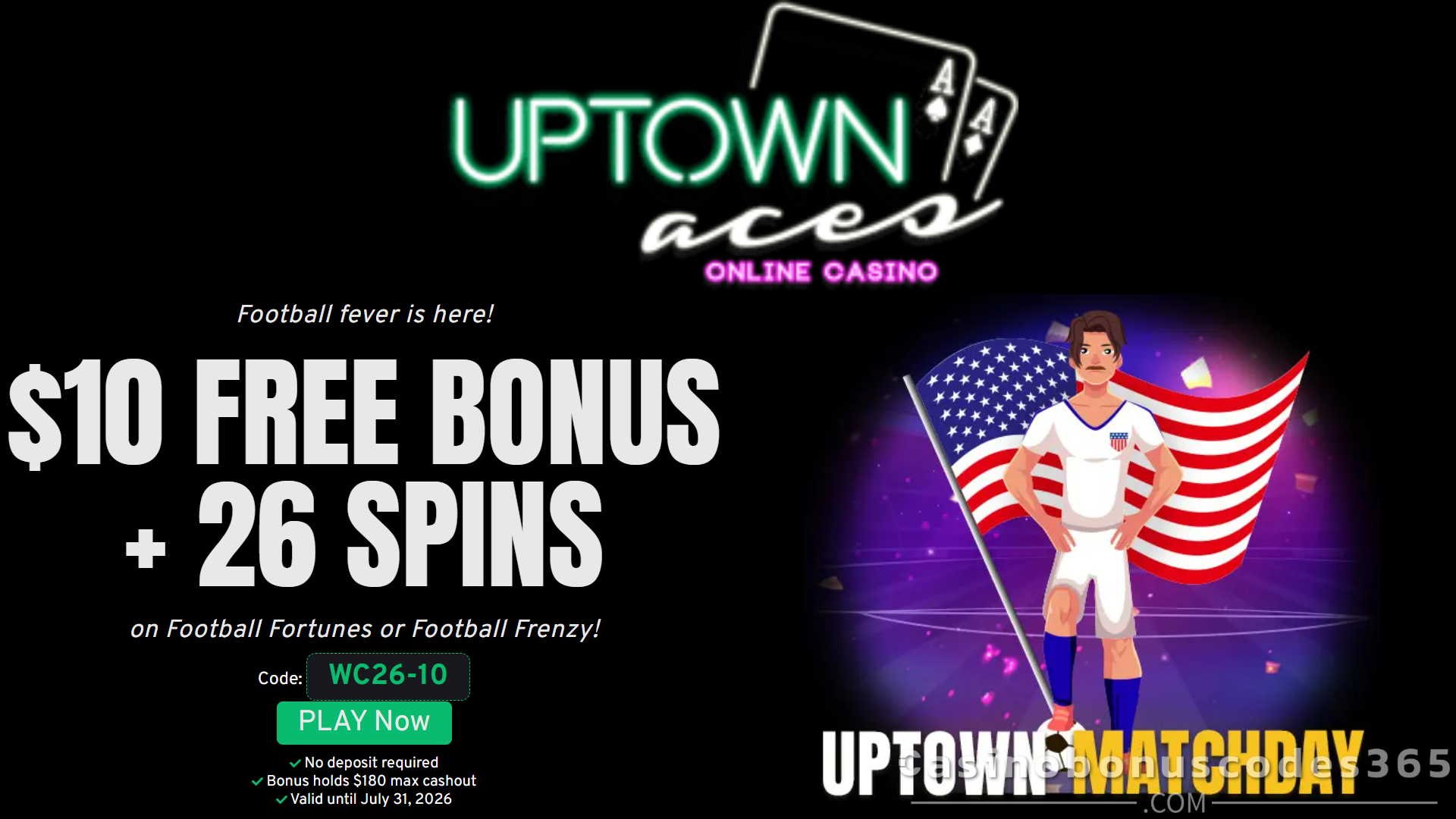 Uptown Aces $10 free chip + 26 FREE Spins
