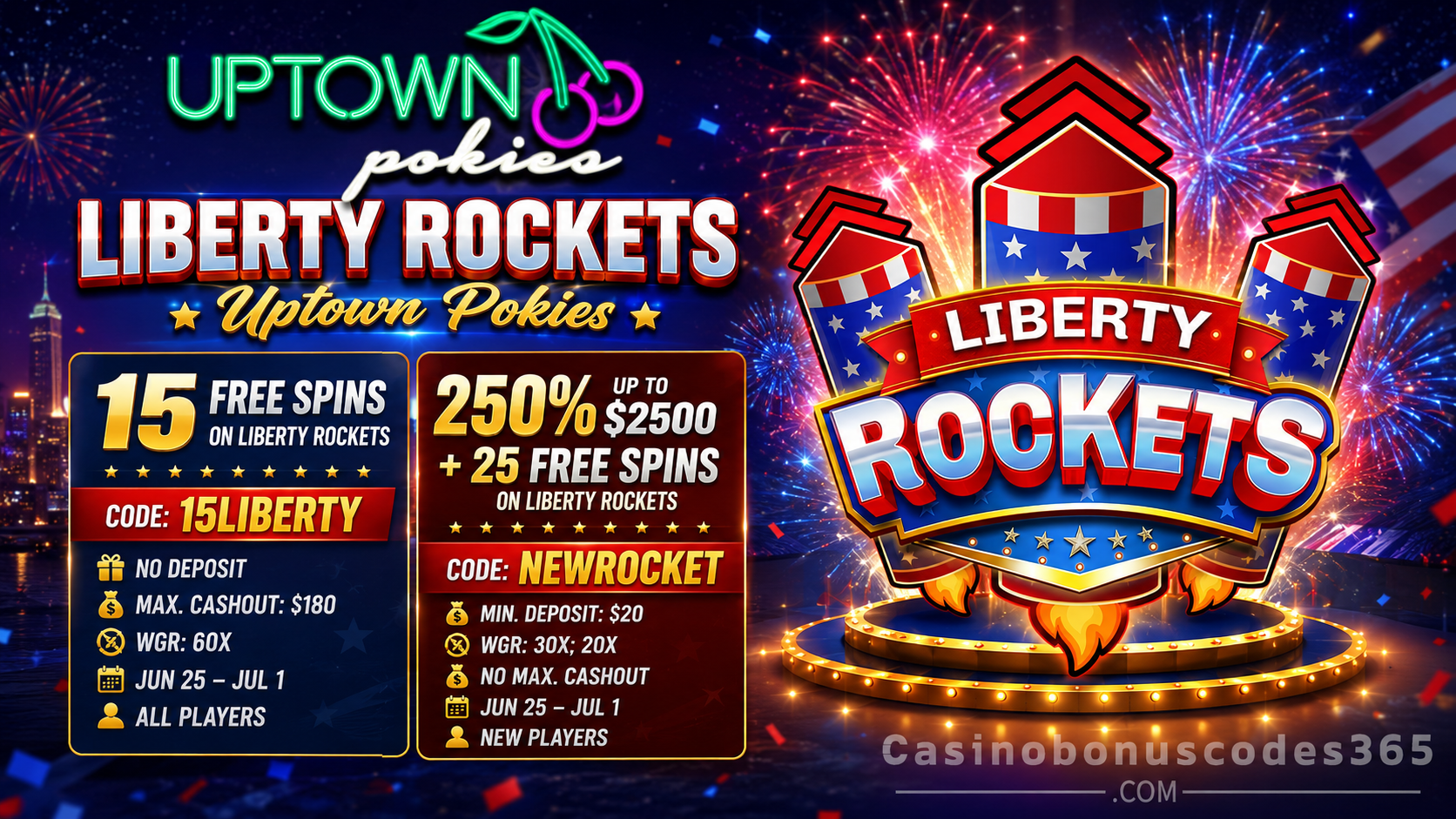 Uptown Pokies Bonus Offer – 15 FREE Spins on Liberty Rockets