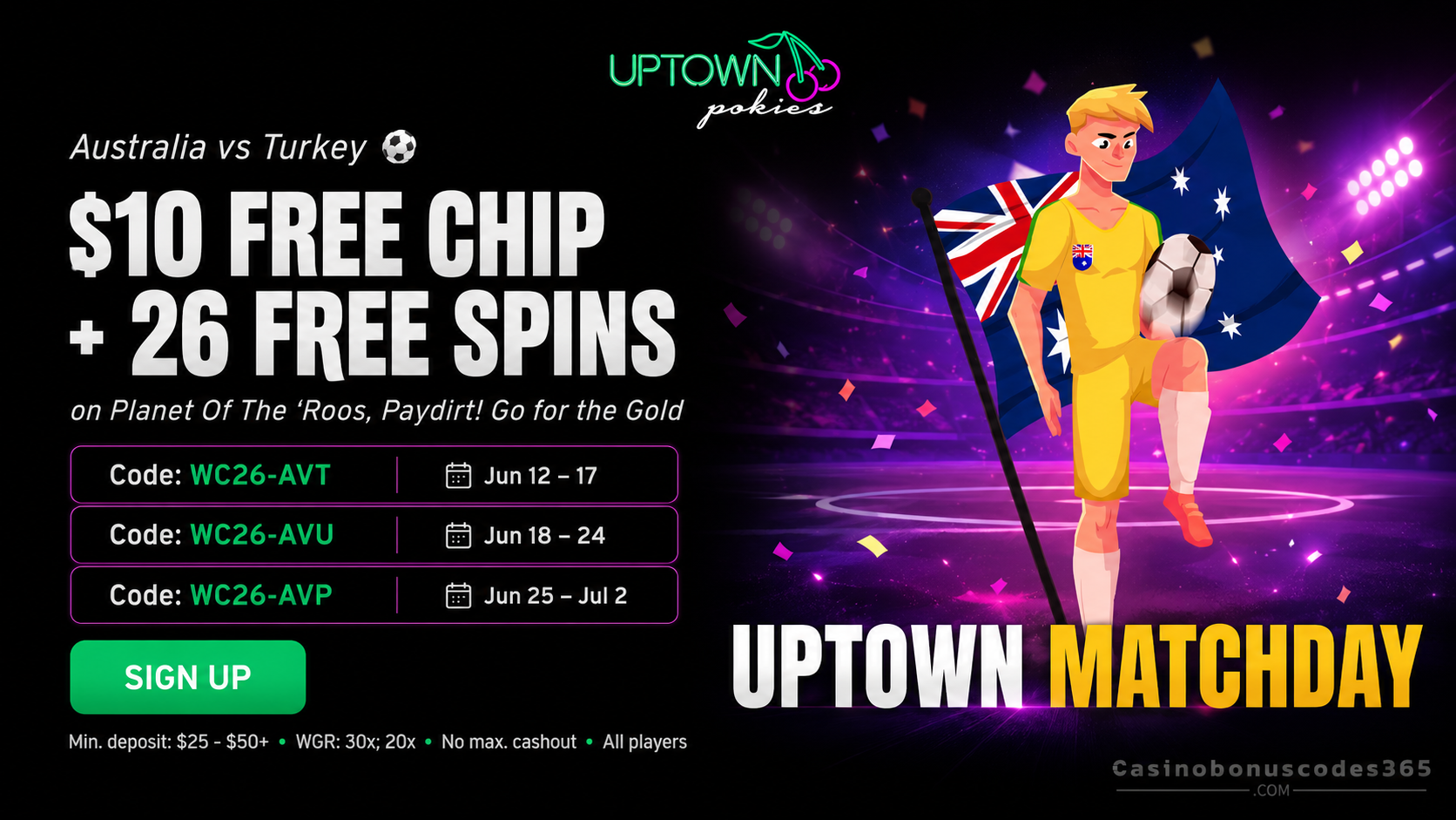 Uptown Pokies $10 free chip + 26 FREE Spins