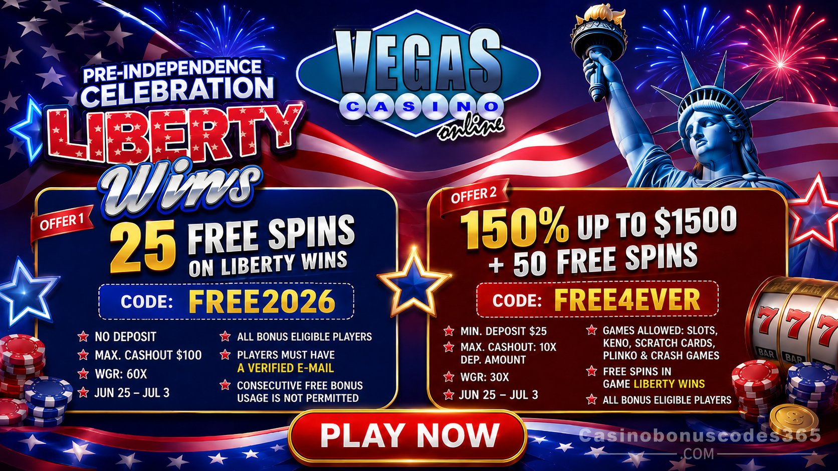 Vegas Casino Online Bonus Offer – 25 no-deposit FREE Spins on Liberty Wins