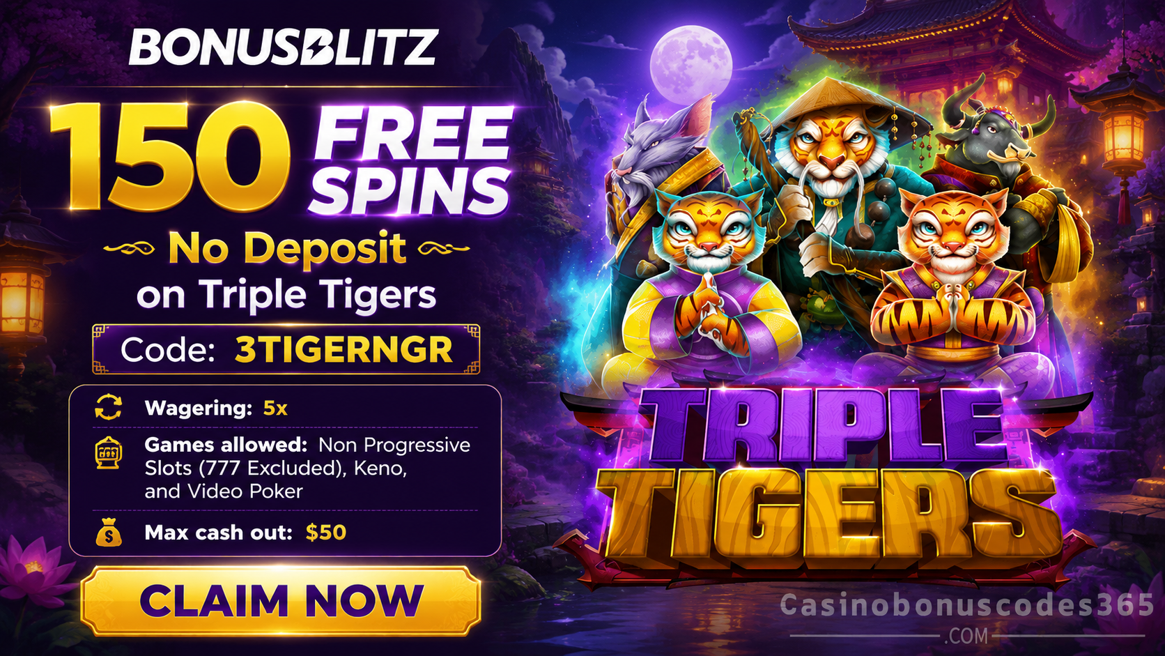 BonusBlitz 150 FREE Spins on Triple Tigers