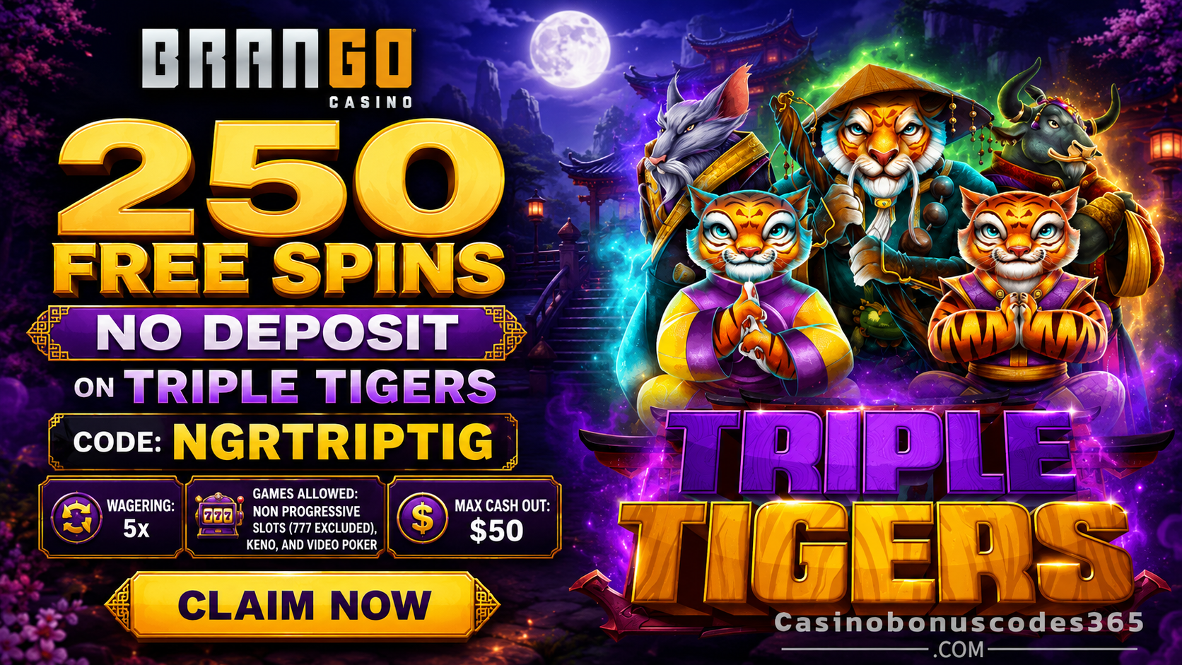 Casino Brango 250 FREE Spins on Triple Tigers