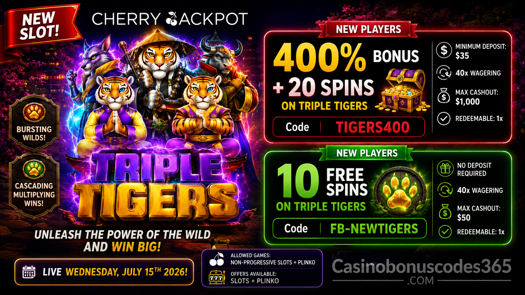 Cherry Jackpot Triple Tigers 400% Bonus + 20 FREE Spins