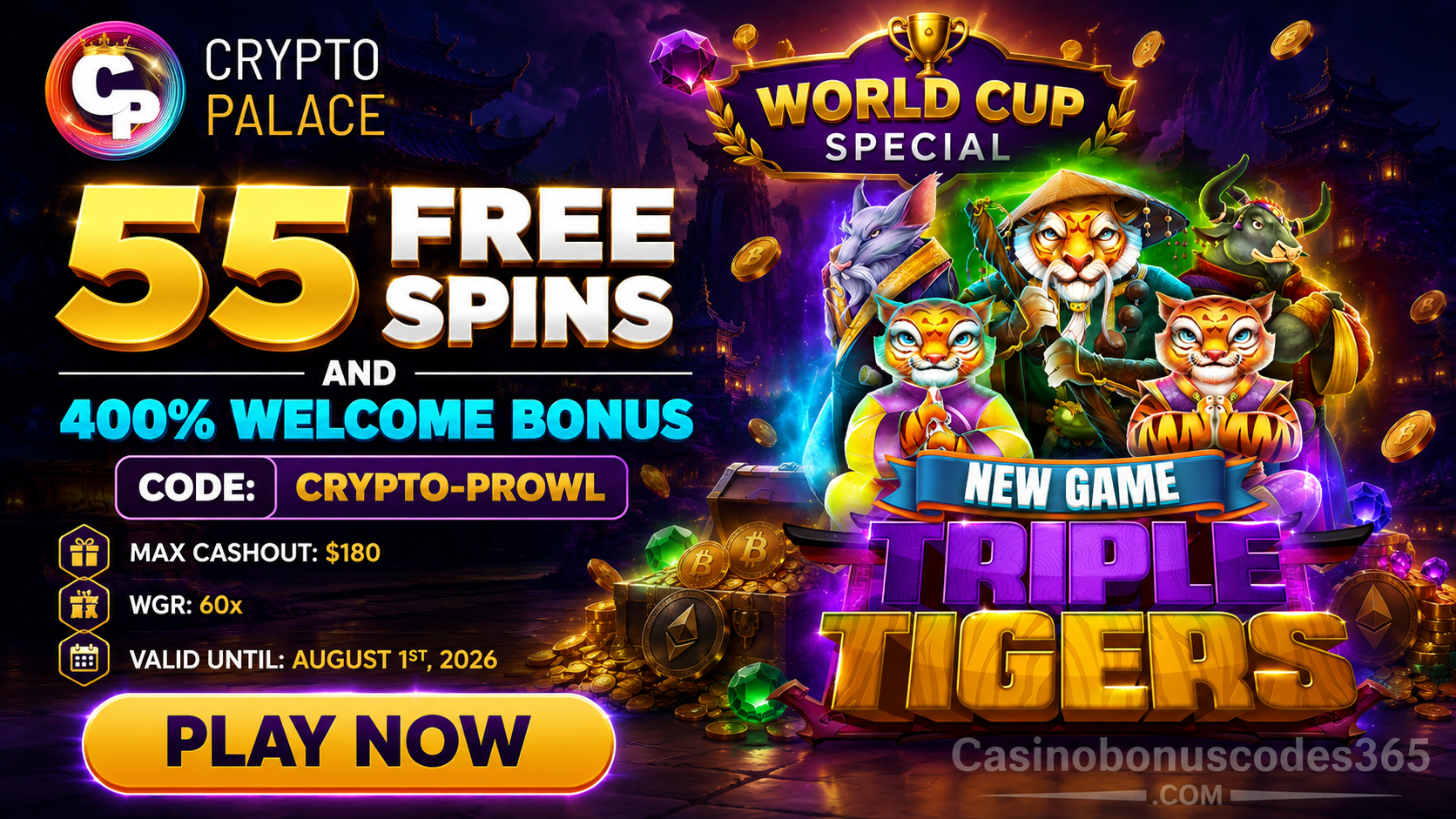 Crypto Palace Casino 55 FREE Spins on Triple Tigers