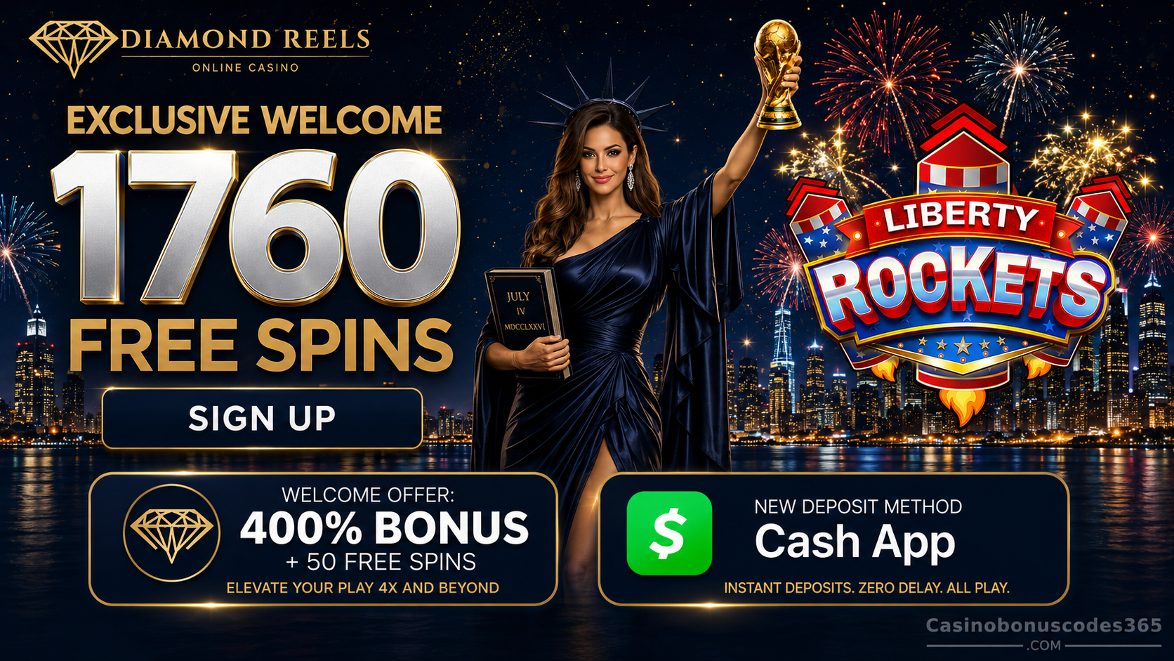 Diamond Reels Casino 76 FREE Spins on Liberty Rockets