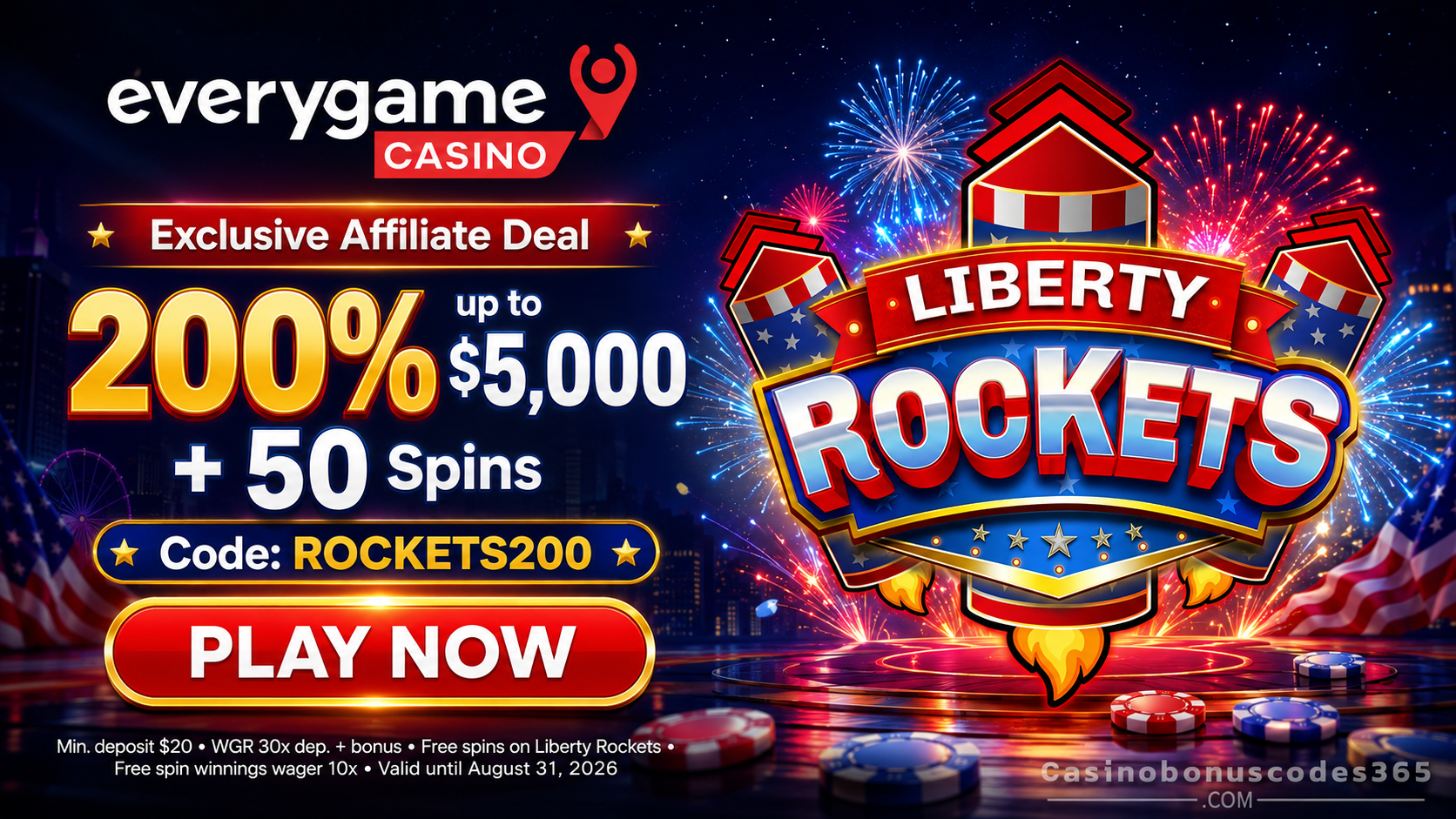 Everygame Casino Red 200% Bonus and 50 FREE Spins on Liberty Rockets