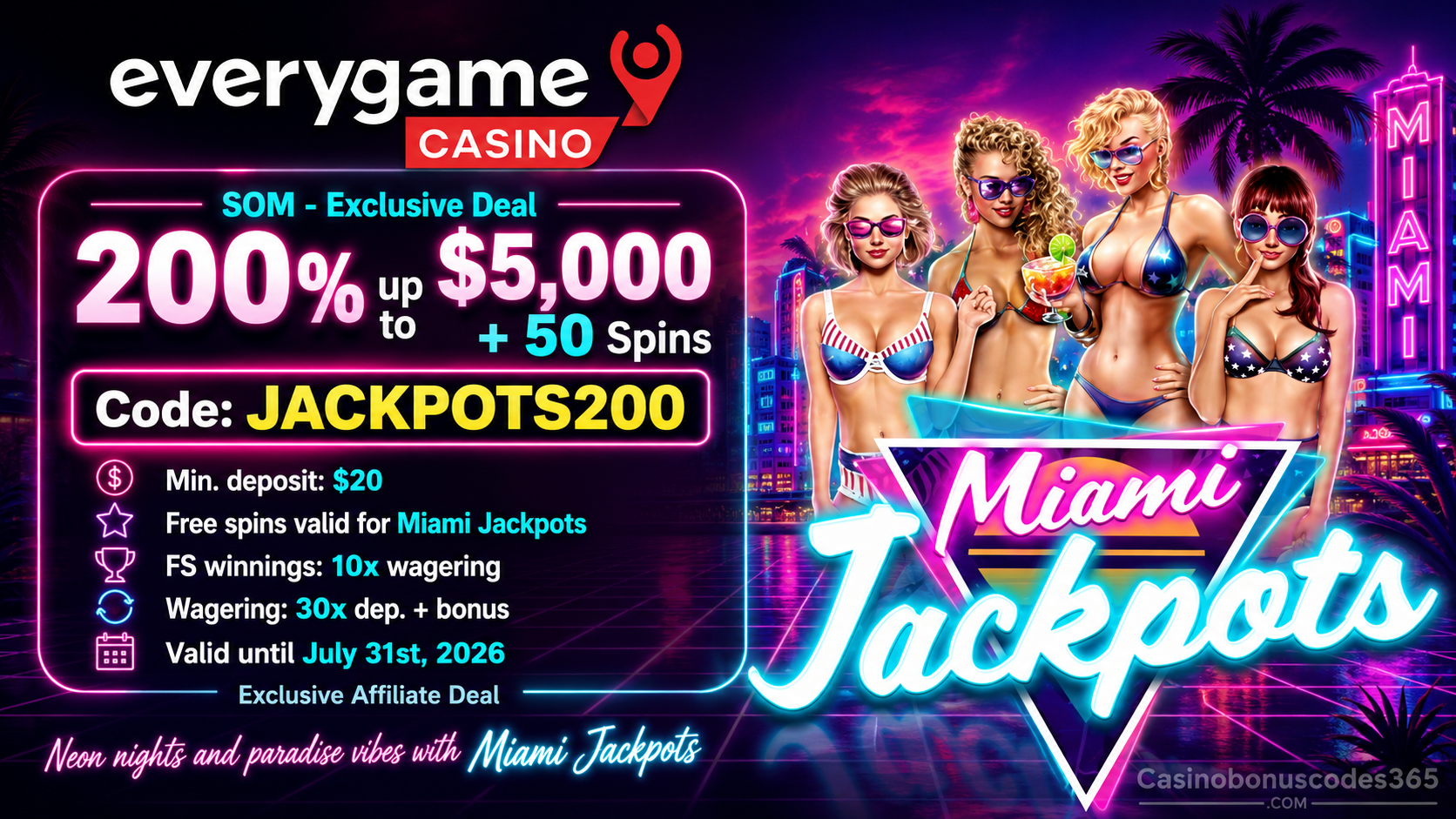 Everygame Casino Red 200% Bonus and 50 FREE Spins on Miami Jackpots