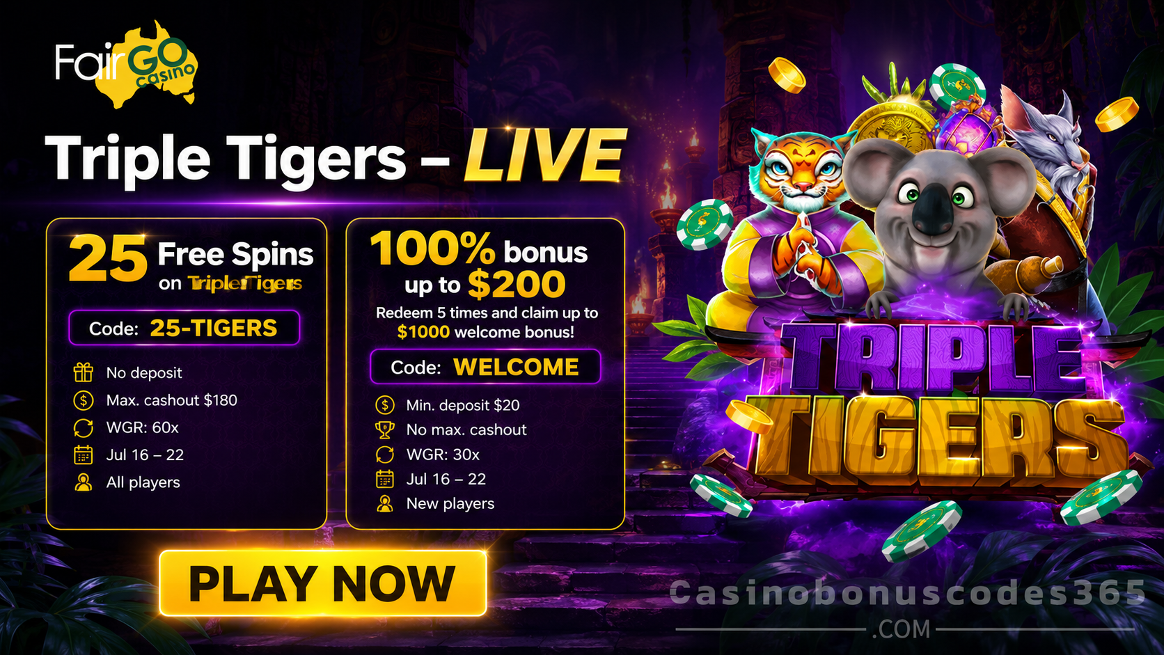 Fair Go Bonus Offer – 25 FREE Spins on Triple Tigers