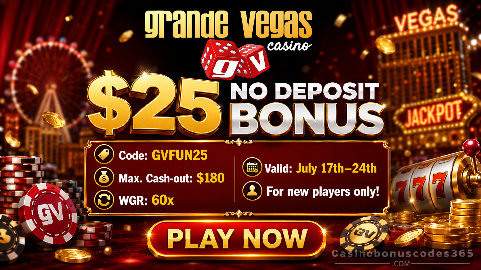 Grande Vegas Casino $25 No Deposit Bonus code GVFUN25