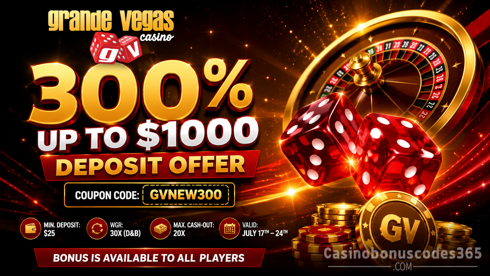 Grande Vegas Casino 300% up to $1,000 deposit bonus