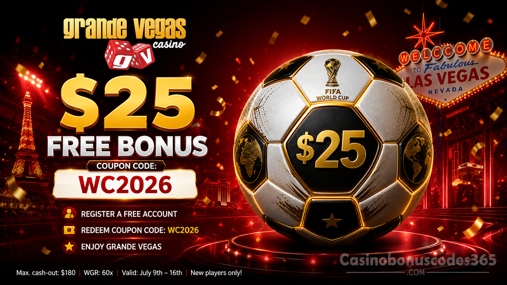 Grande Vegas Casino $25 No Deposit Bonus code WC2026