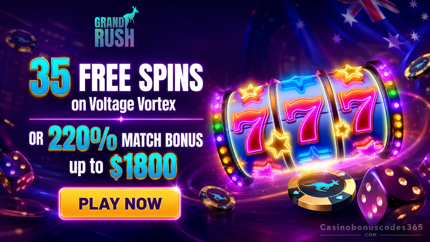 Grand Rush Casino 35 FREE Spins on Voltage Vortex or 220% Match Bonus up to $2200
