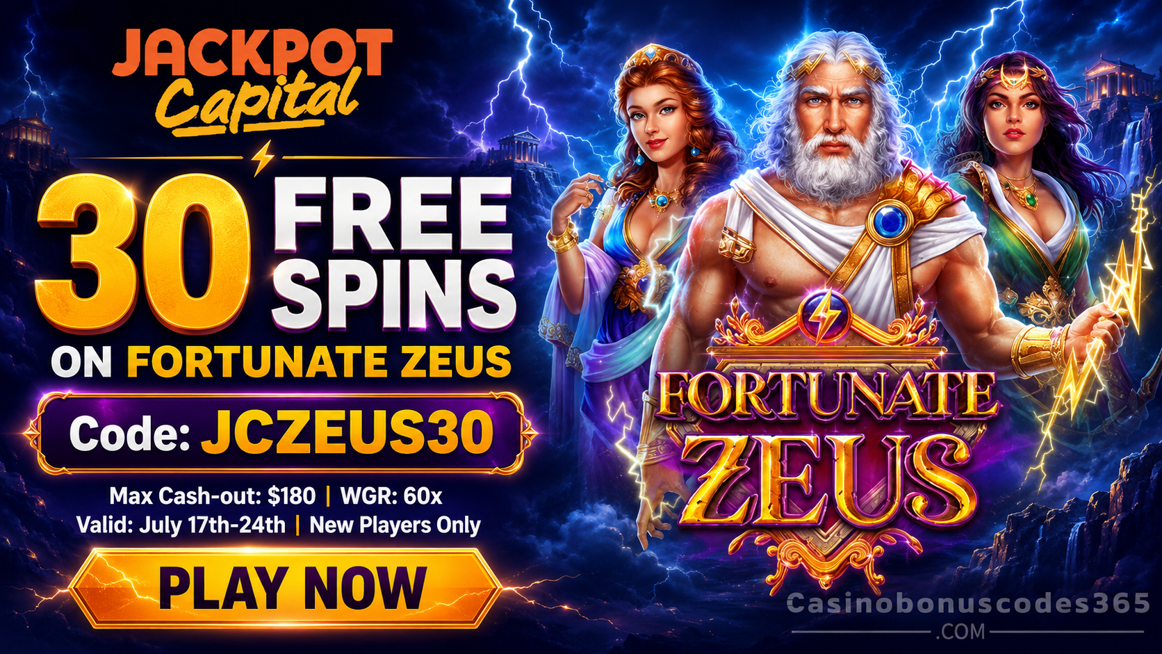 Jackpot Capital Casino 30 FREE Spins on Fortunate Zeus