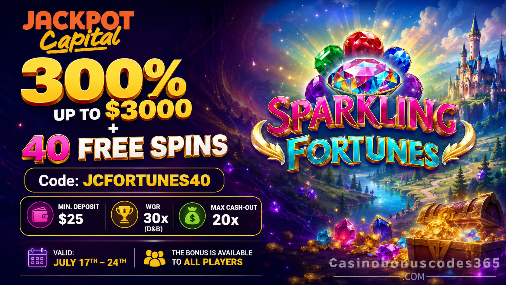 Jackpot Capital Casino 300% up to $3,000 plus 40 FREE Spins on Sparkling Fortunes