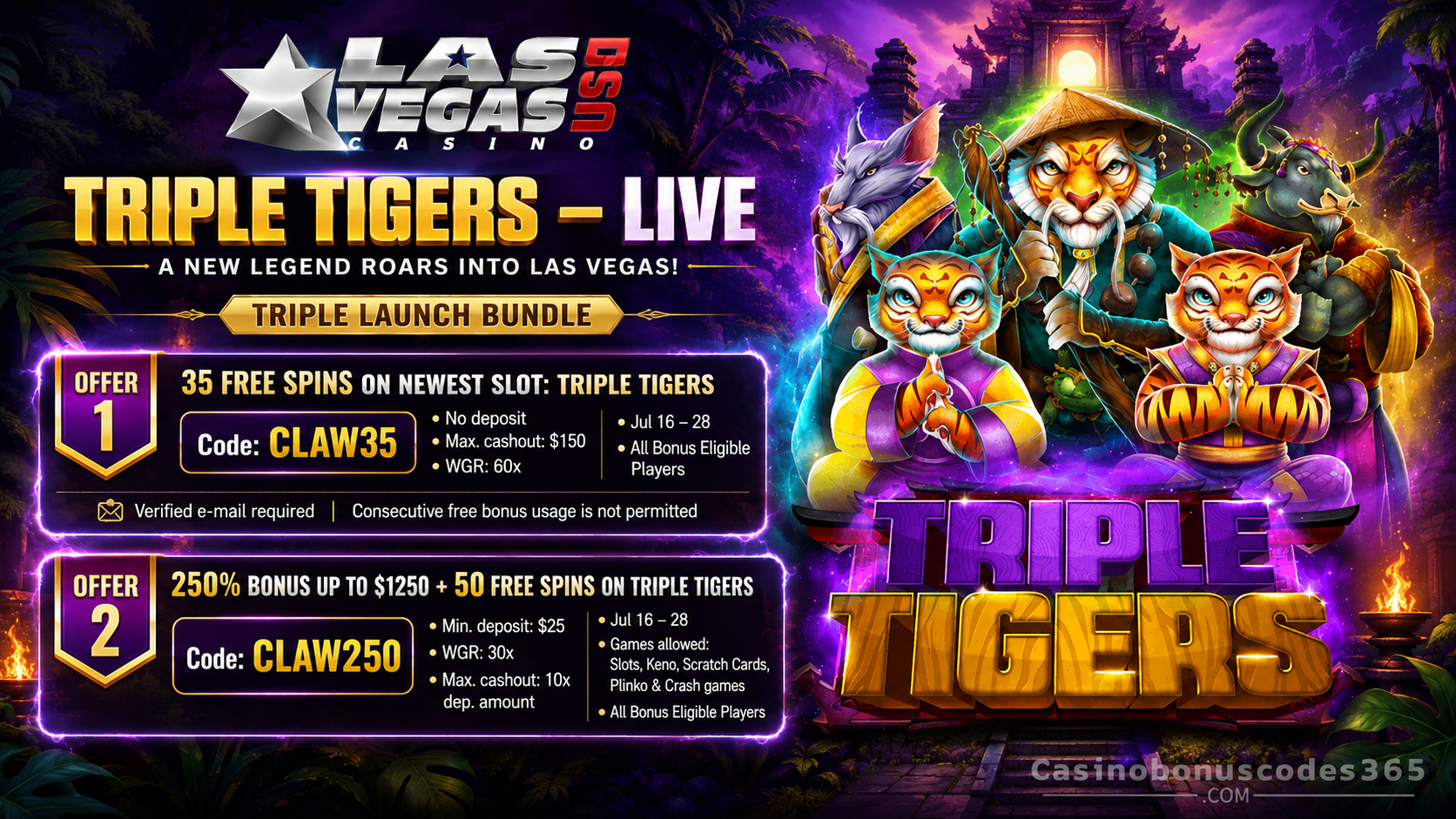 Las Vegas USA Bonus Offer – 35 no-deposit FREE Spins on Triple Tigers