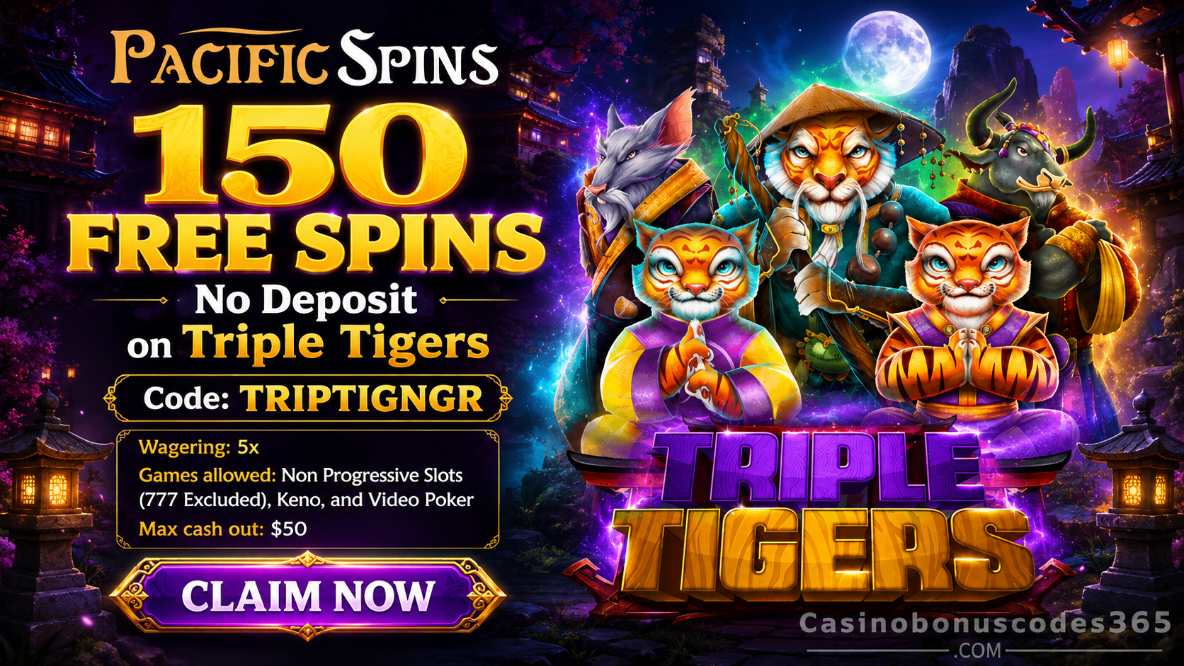 Pacific Spins 150 FREE Spins on Triple Tigers