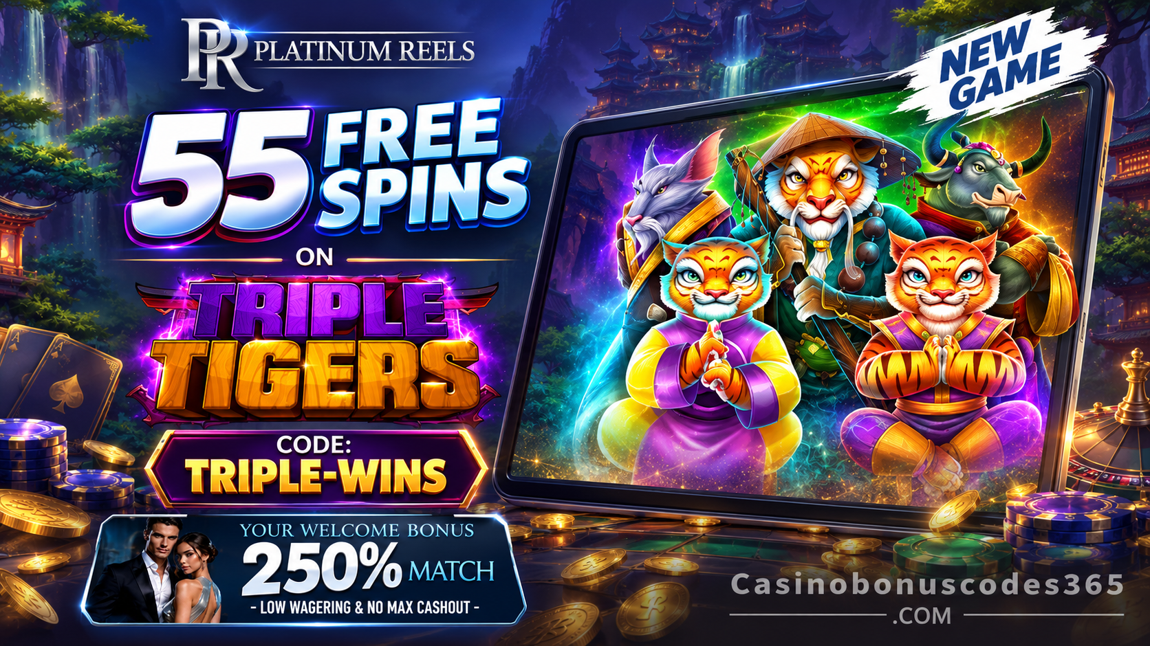 Platinum Reels Casino 55 FREE Spins on Triple Tigers