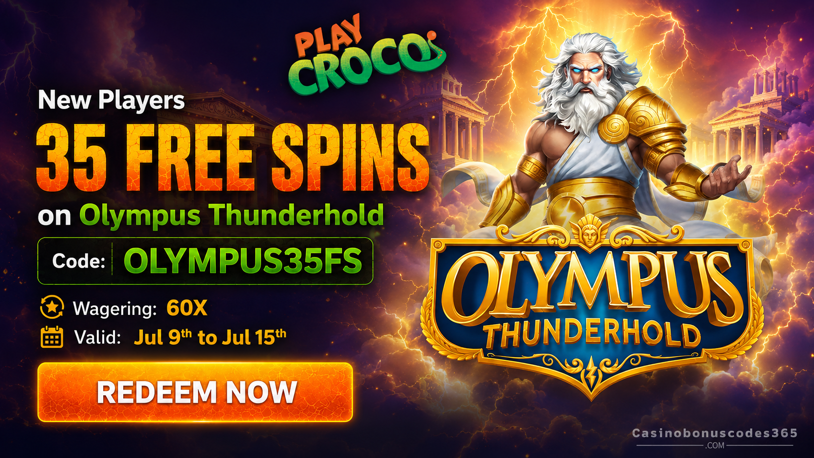 PlayCroco 35 FREE Spins FREE Spins on Olympus Thunderhold Code OLYMPUS35FS